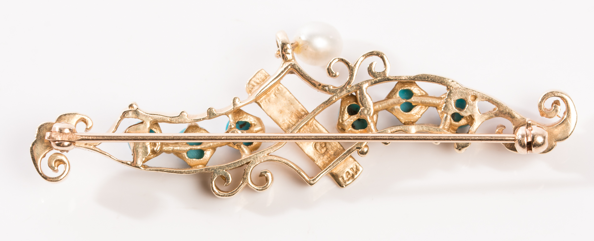 14K Yellow Gold Turquoise and Freshwater Pearl Brooch