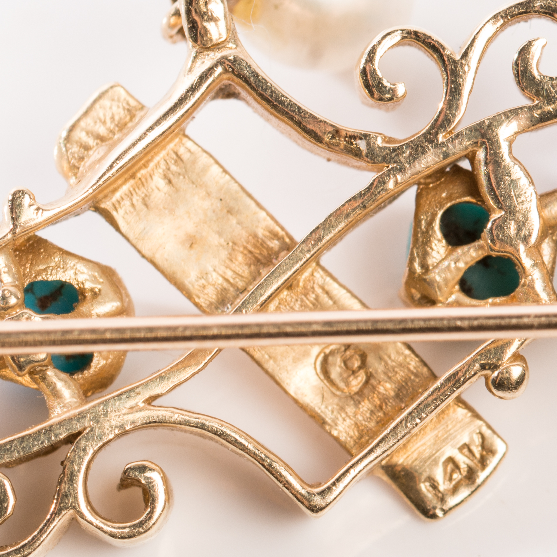 14K Yellow Gold Turquoise and Freshwater Pearl Brooch