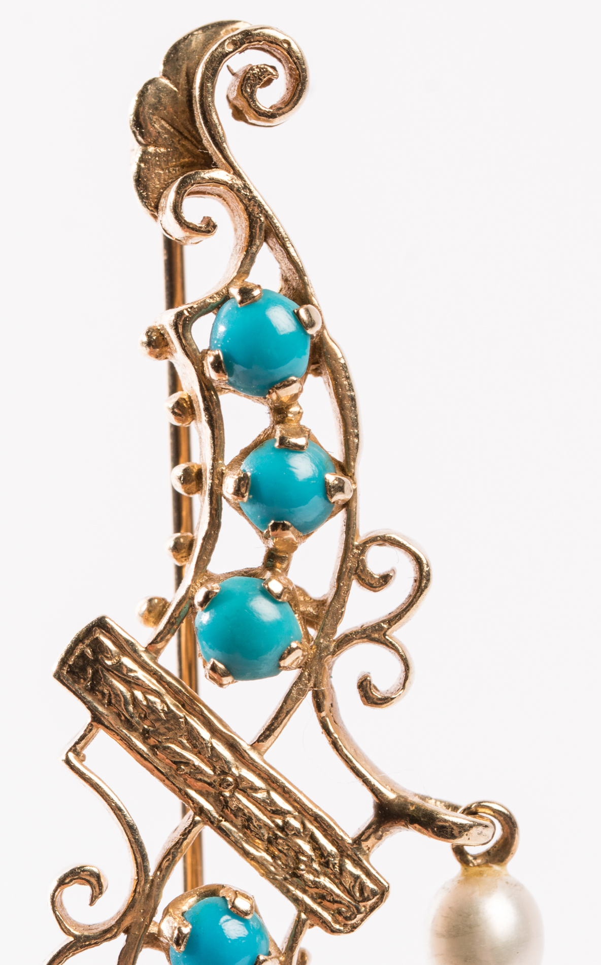14K Yellow Gold Turquoise and Freshwater Pearl Brooch