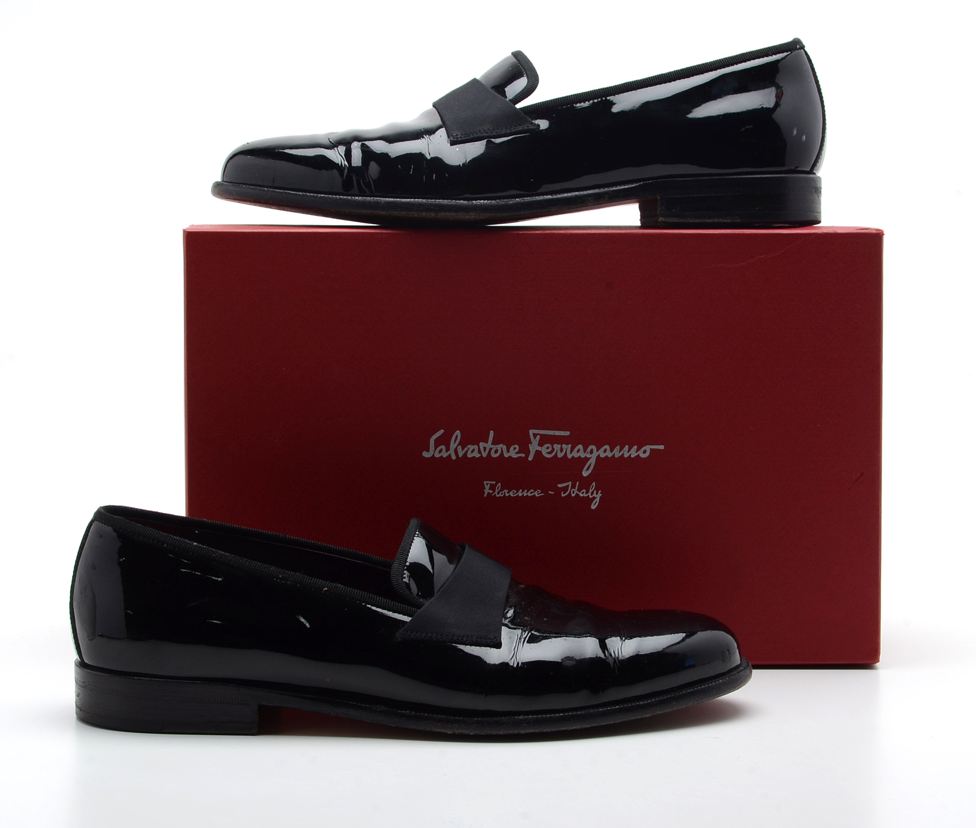 Men's Salvatore Ferragamo Black Patent Leather Tuxedo Loafers, Made in Italy