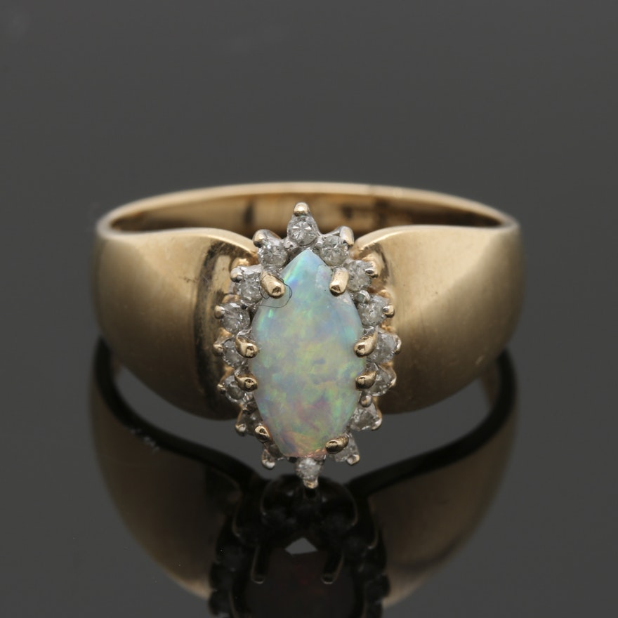 14K Yellow Gold Opal and Diamond Halo Ring