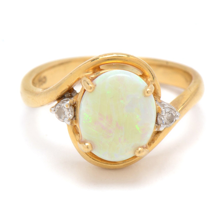 14K Yellow Gold Opal and Diamond Ring