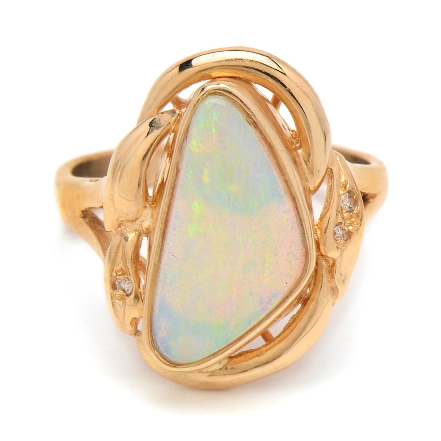 14K Yellow Gold Triangular Opal and Diamond Ring