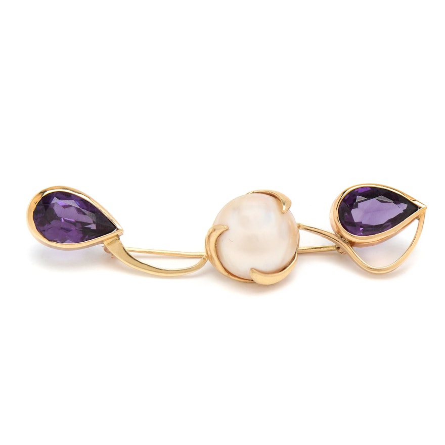 14K Yellow Gold Faceted Pear Amethyst and Mabé Pearl Converter Brooch