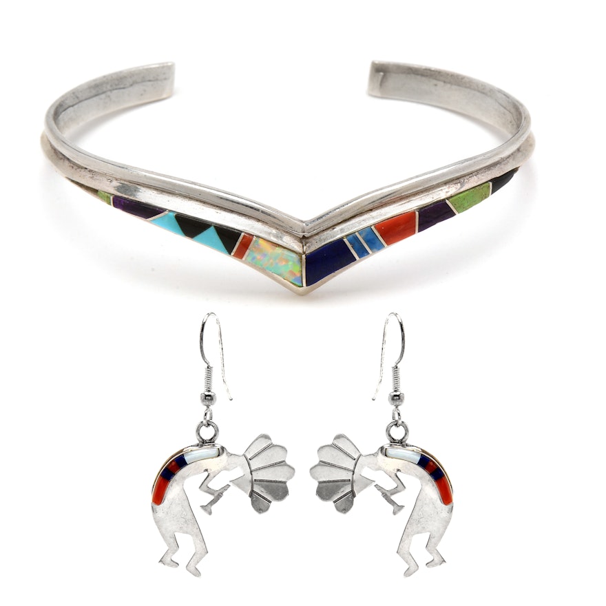 Sterling Silver Kokopelli Pendant Earrings and Cuff Bracelet