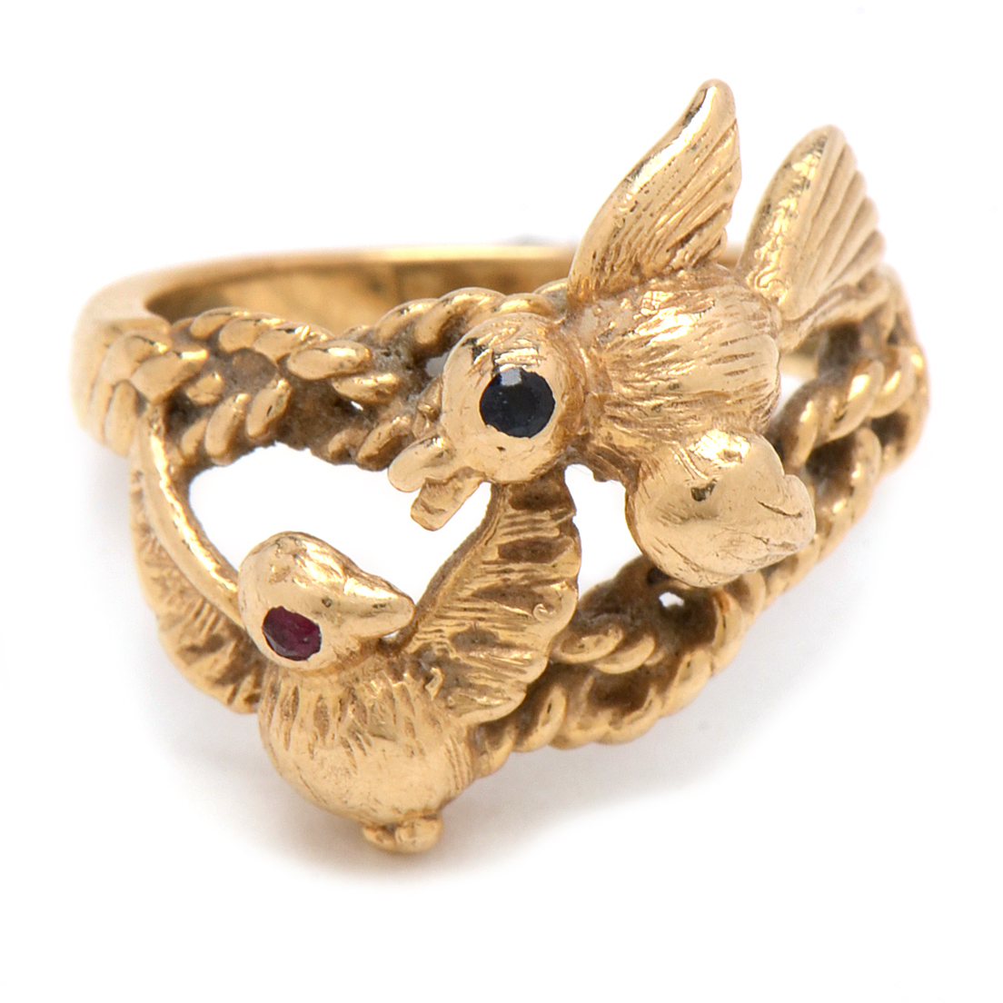 14K Yellow Gold "Love Bird" Ring with Ruby and Sapphire Stones