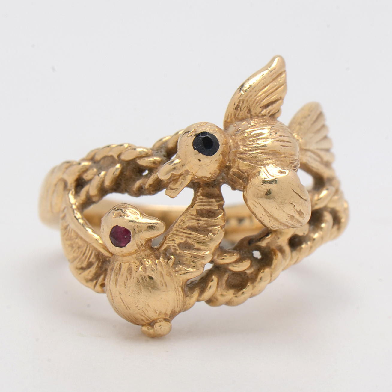 14K Yellow Gold "Love Bird" Ring with Ruby and Sapphire Stones