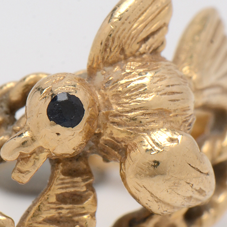 14K Yellow Gold "Love Bird" Ring with Ruby and Sapphire Stones