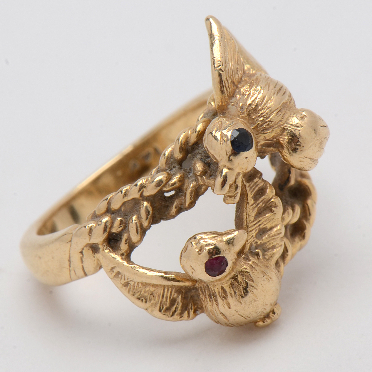14K Yellow Gold "Love Bird" Ring with Ruby and Sapphire Stones