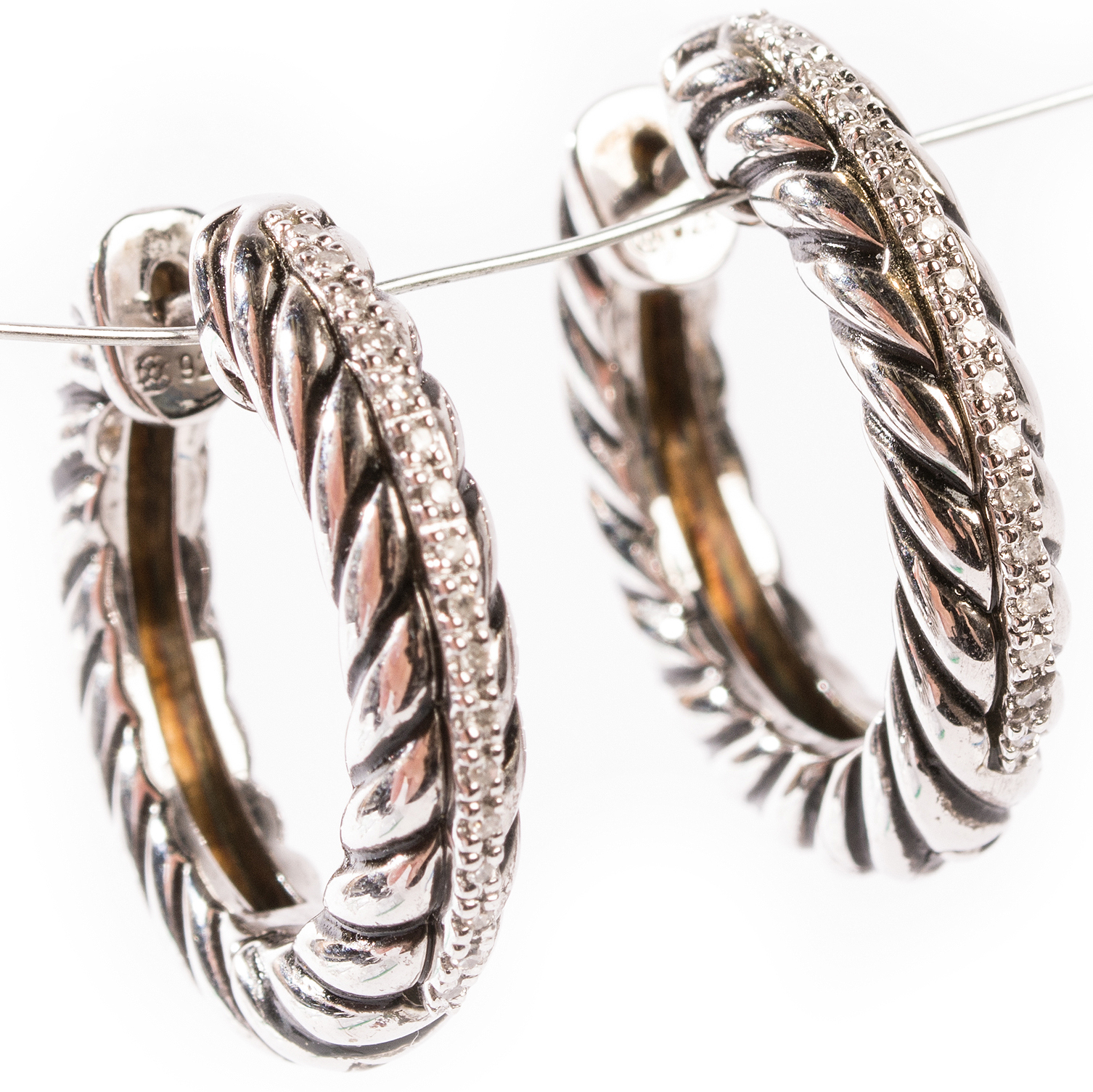 Sterling Silver Diamond Cable Hoop Earrings
