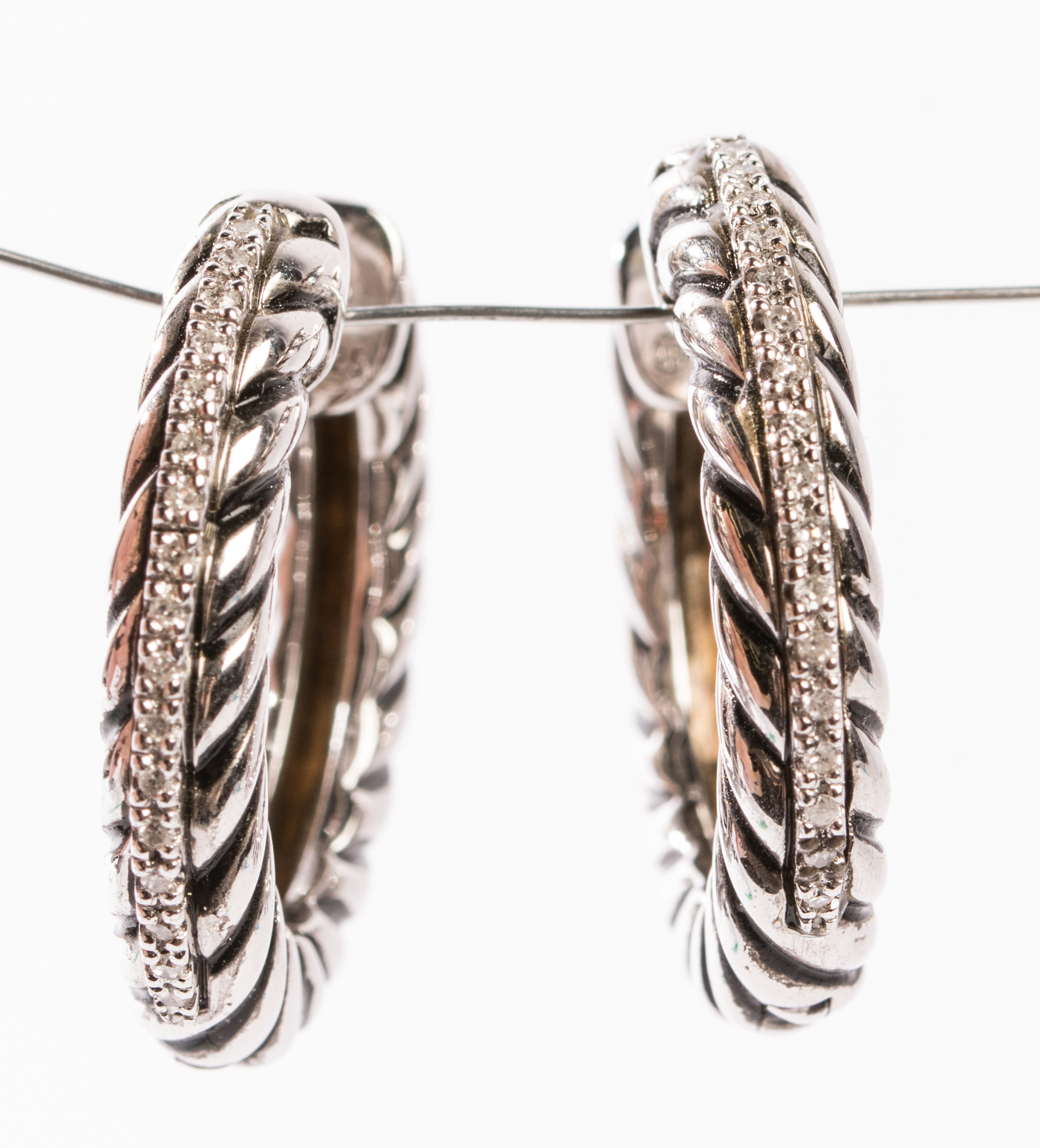 Sterling Silver Diamond Cable Hoop Earrings