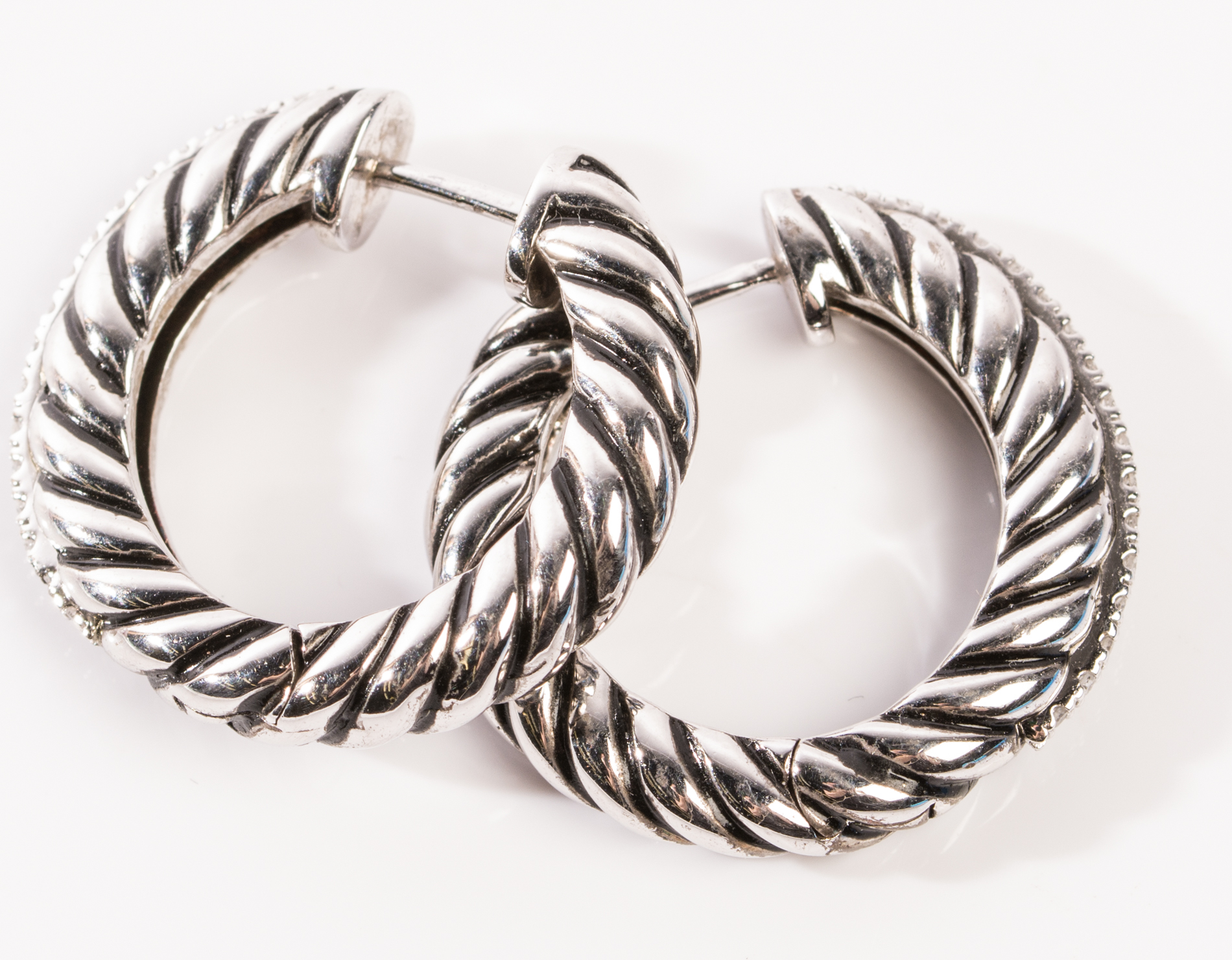 Sterling Silver Diamond Cable Hoop Earrings