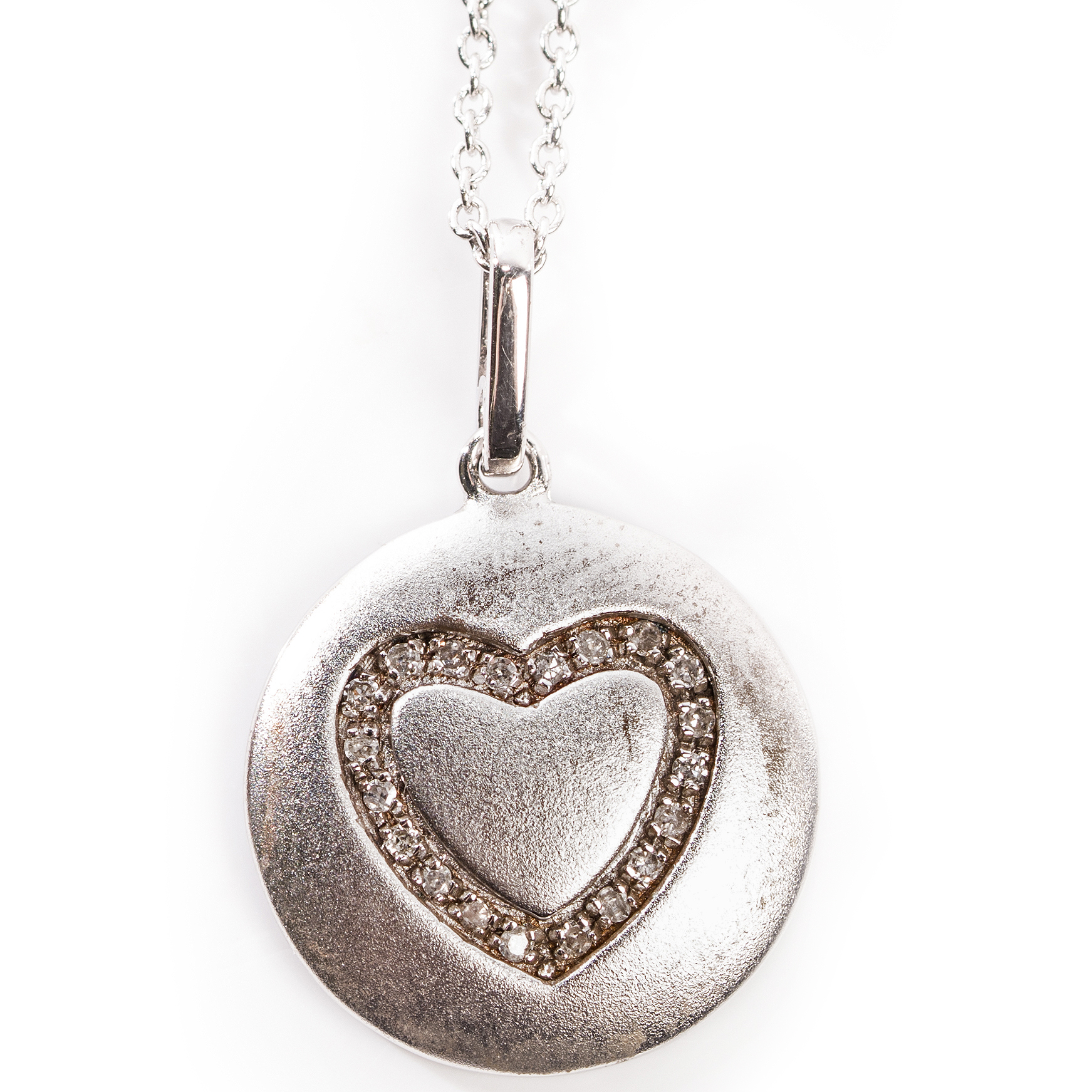Sterling Silver Disc Charm Necklace with Diamond Heart