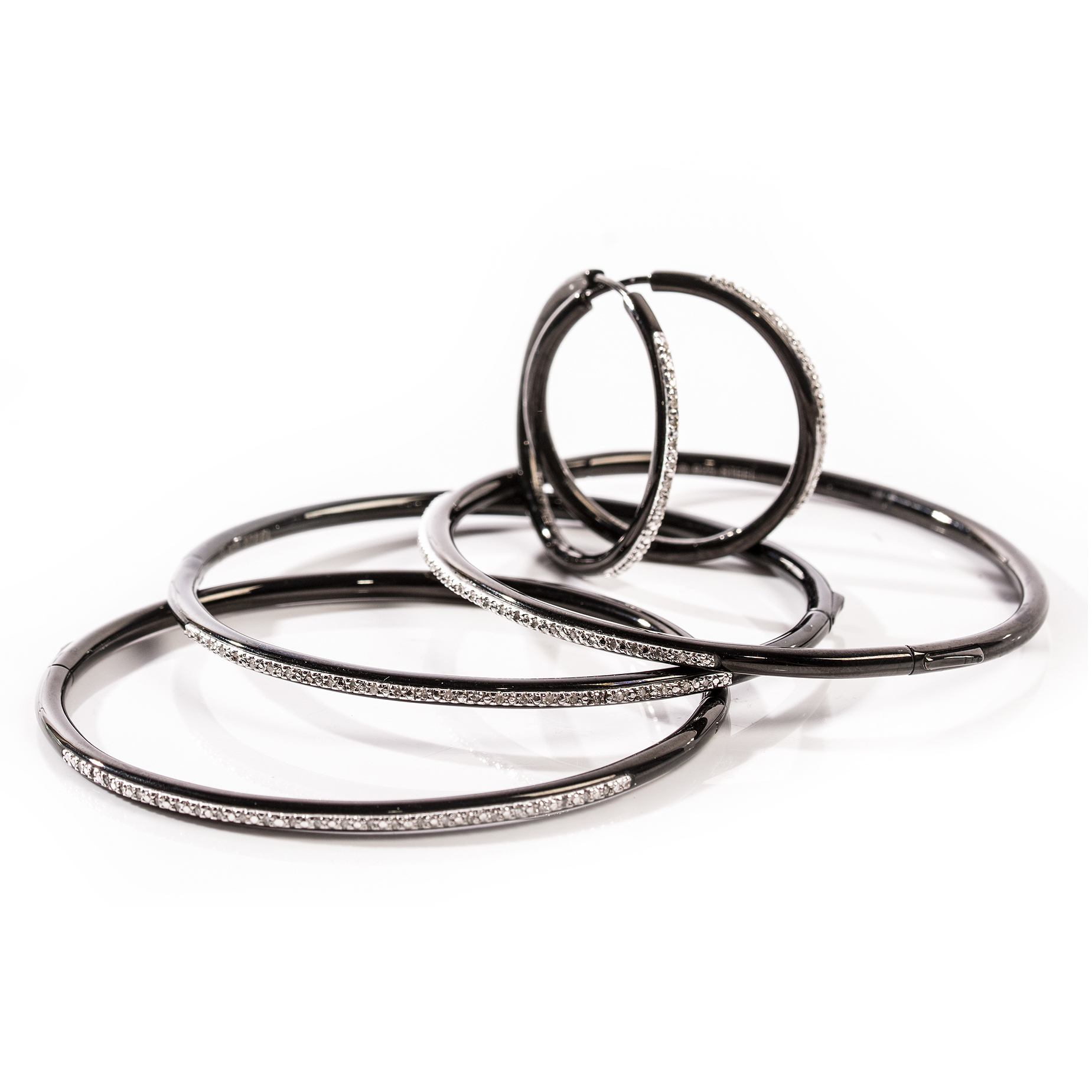 Blackened Sterling Silver Steel Diamond Hoop Earrings and Bangle Bracelets