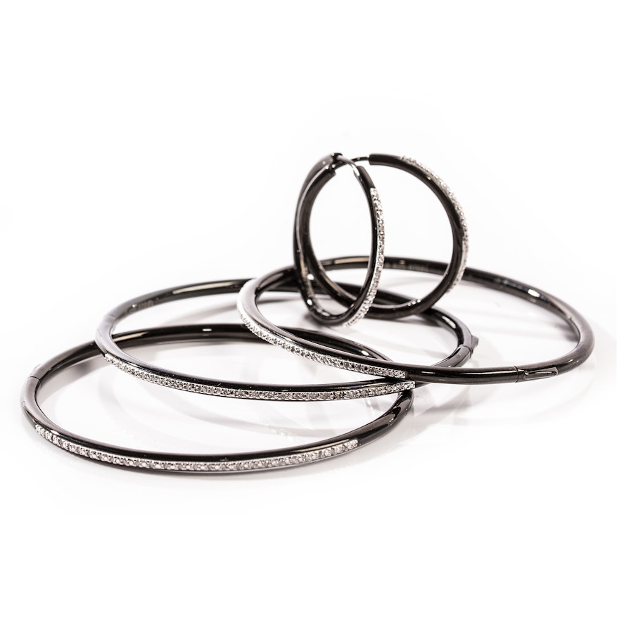 Blackened Sterling Silver Steel Diamond Hoop Earrings and Bangle Bracelets