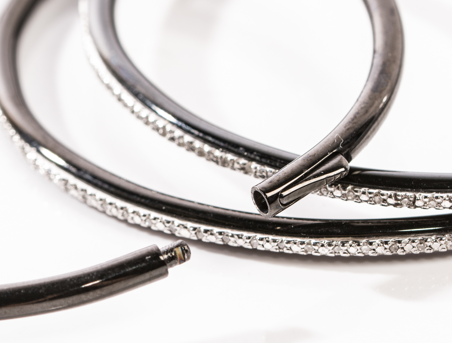 Blackened Sterling Silver Steel Diamond Hoop Earrings and Bangle Bracelets