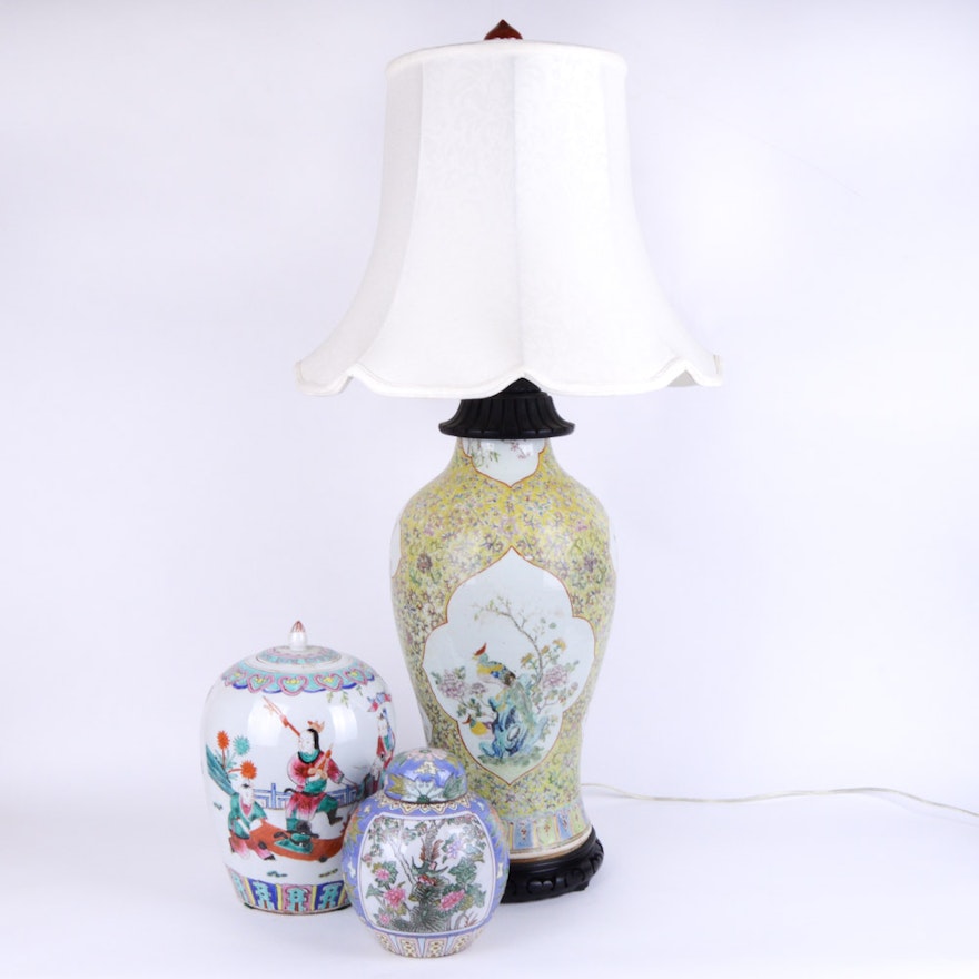 Chinese Vase Lamp and Early 20th Century Ginger Jars