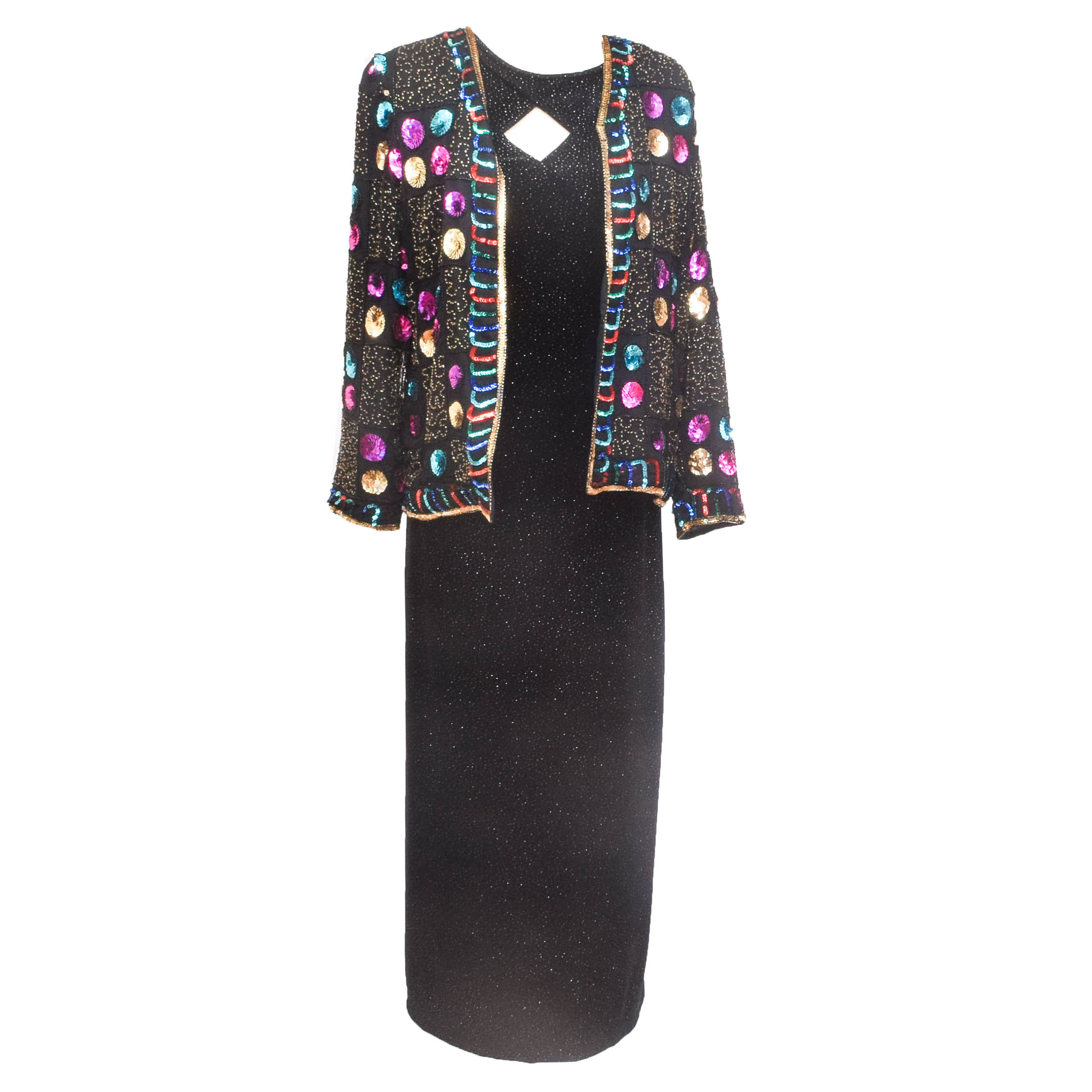 Vintage Black Velvet Evening Gown with Colorful Beaded Jacket