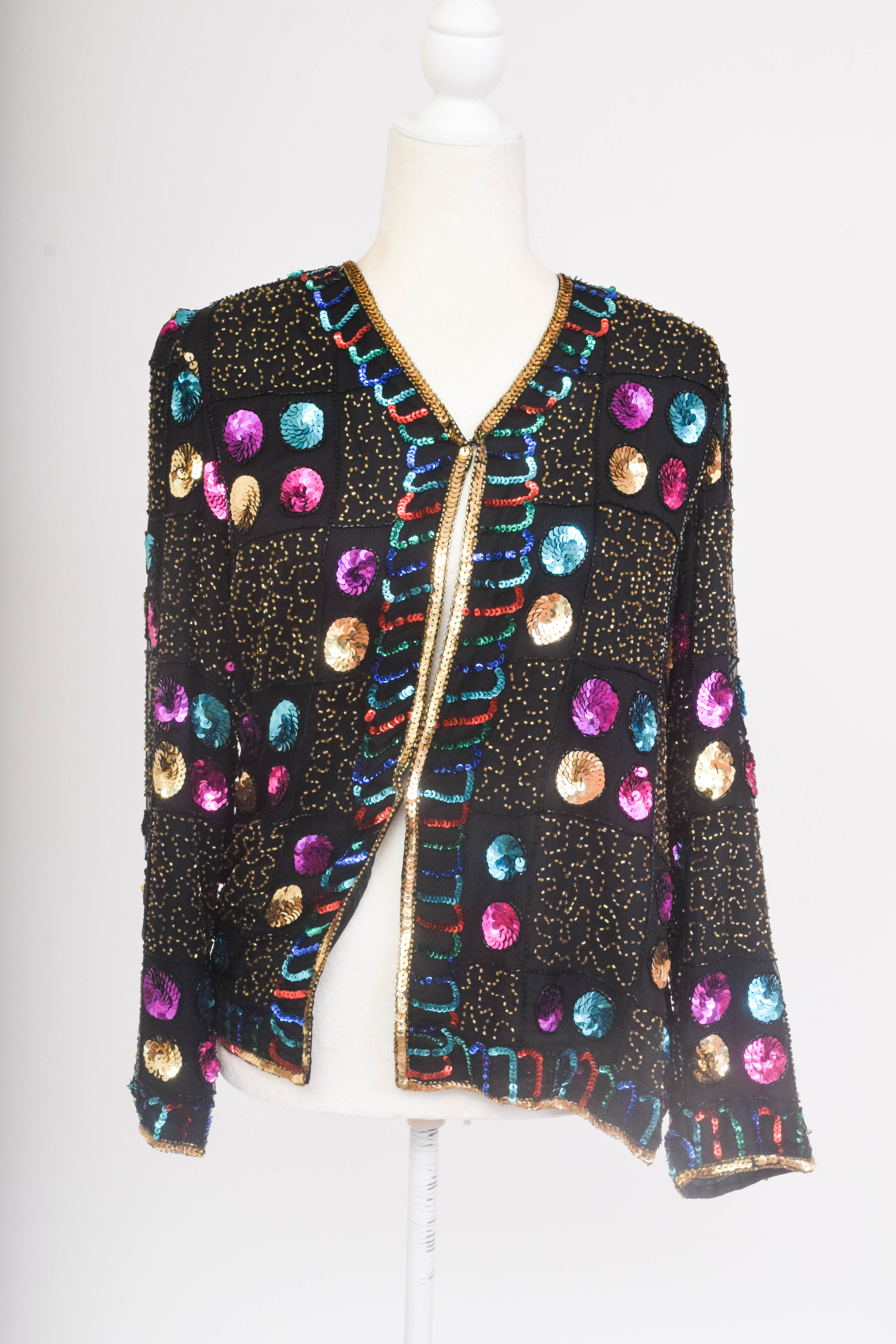 Vintage Black Velvet Evening Gown with Colorful Beaded Jacket