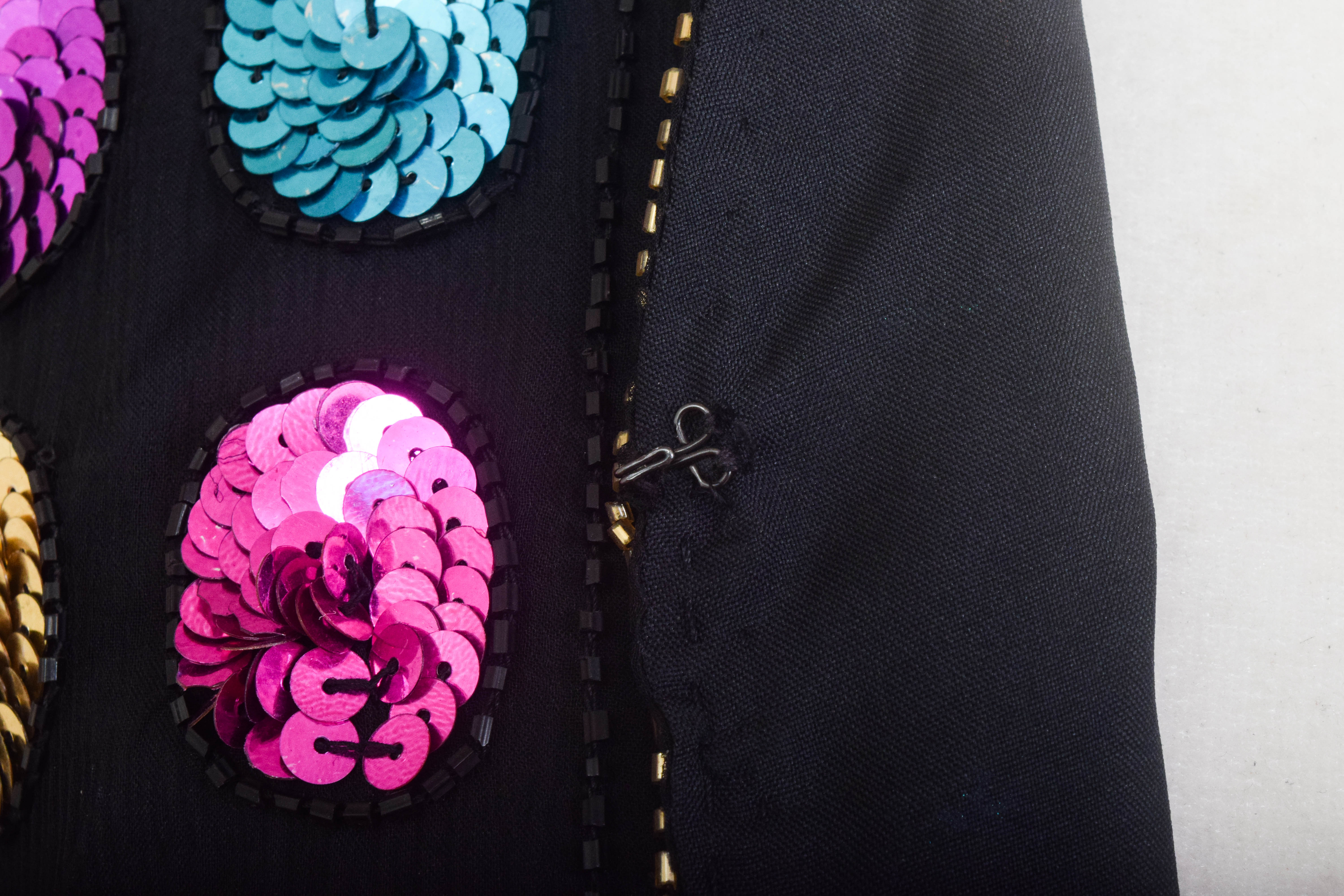 Vintage Black Velvet Evening Gown with Colorful Beaded Jacket