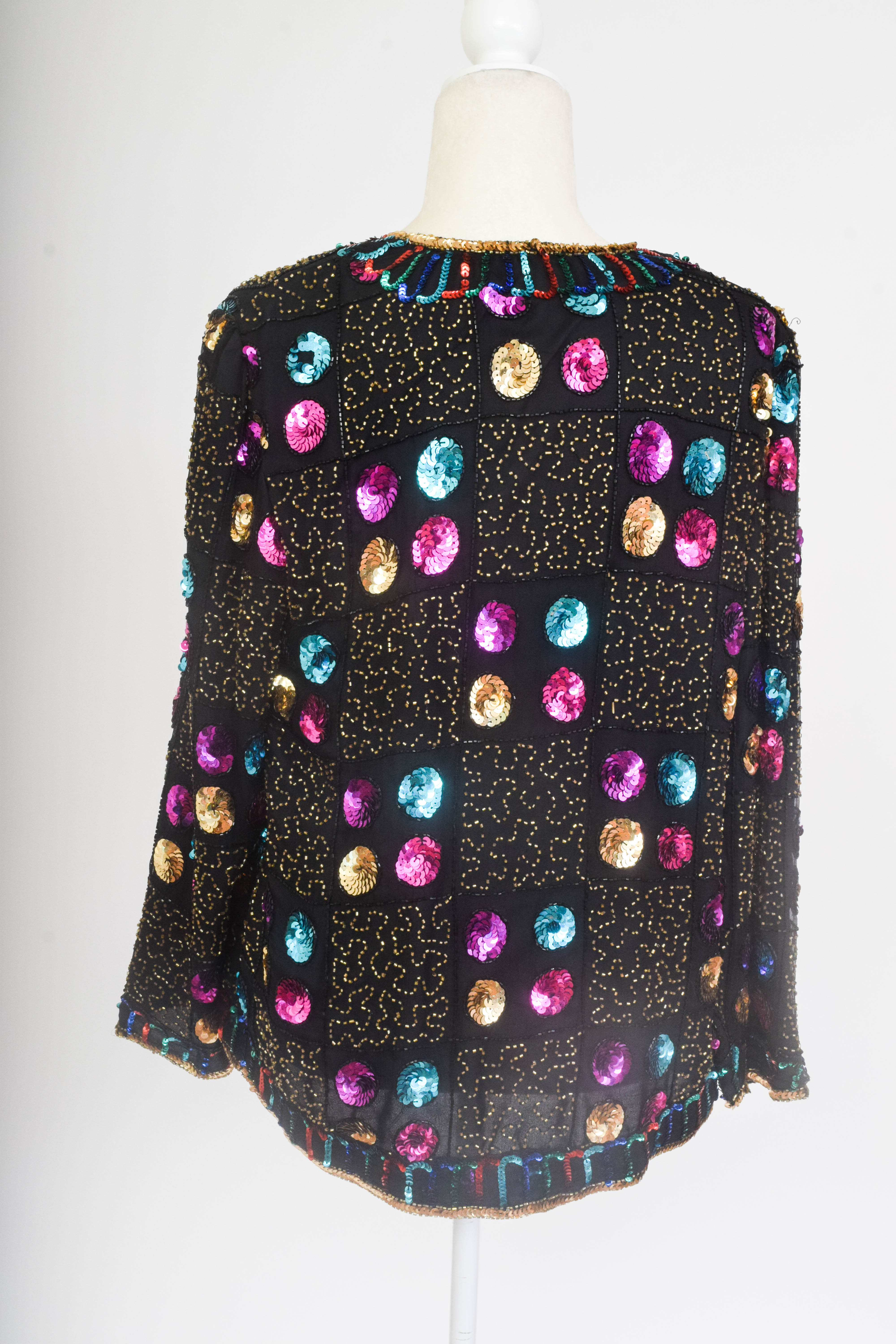 Vintage Black Velvet Evening Gown with Colorful Beaded Jacket