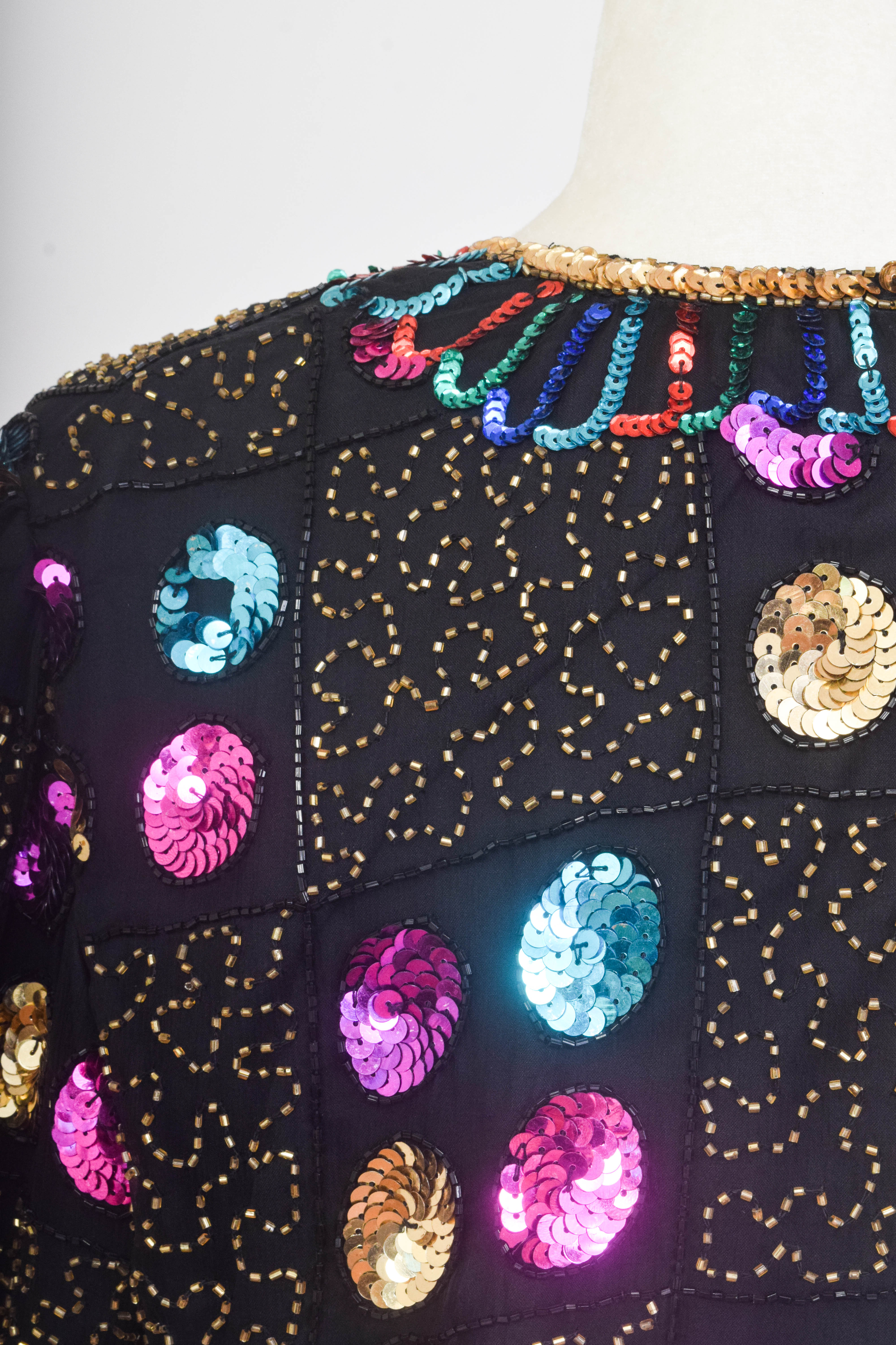 Vintage Black Velvet Evening Gown with Colorful Beaded Jacket