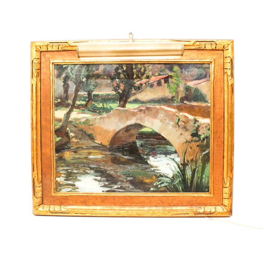 Ethel Louise Coe Oil Painting on Canvas of Stone Bridge