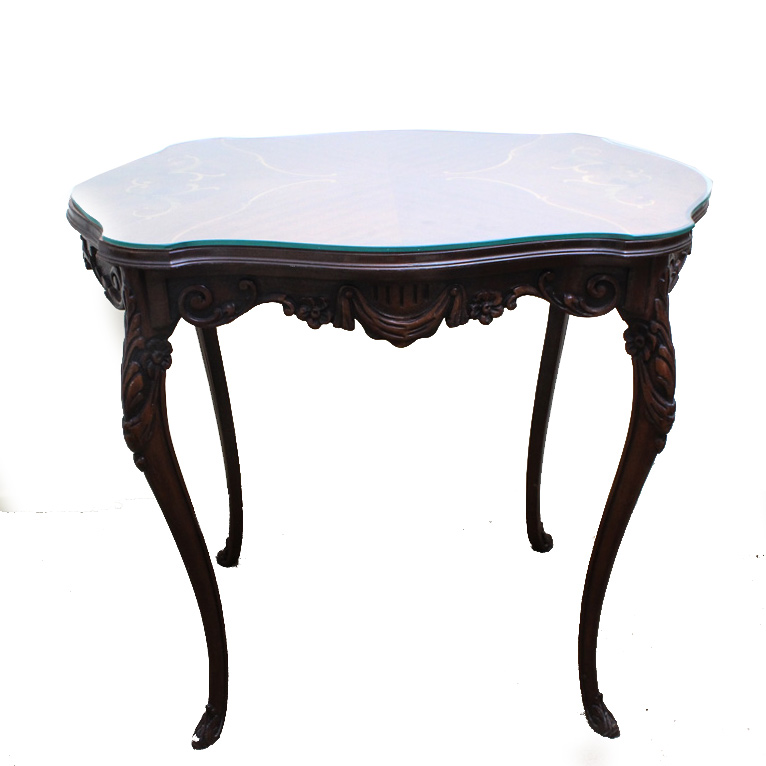 Vintage Inlaid Side Table with Custom Glass Top