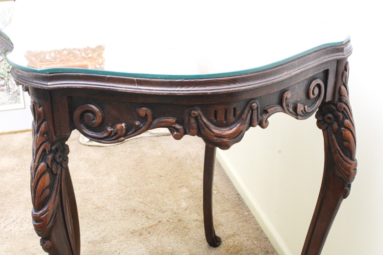 Vintage Inlaid Side Table with Custom Glass Top