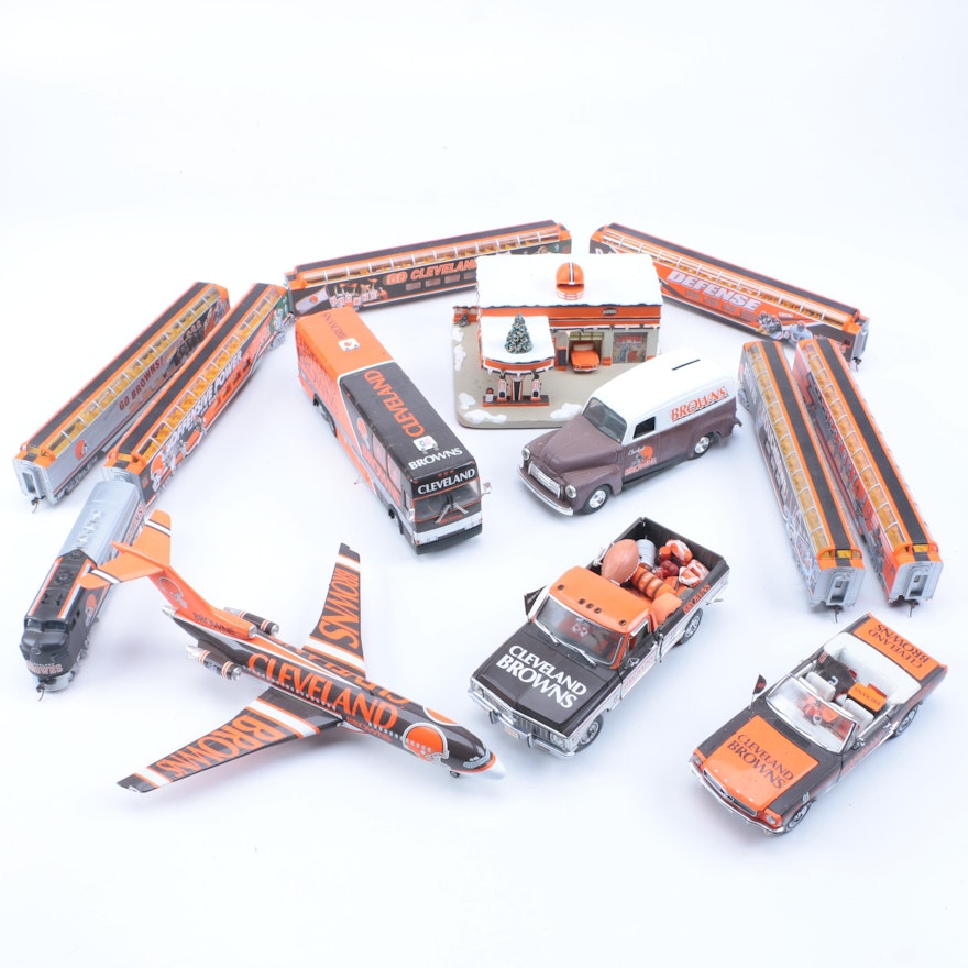 Collection of Cleveland Browns Die-Cast Vehicles and Service Station