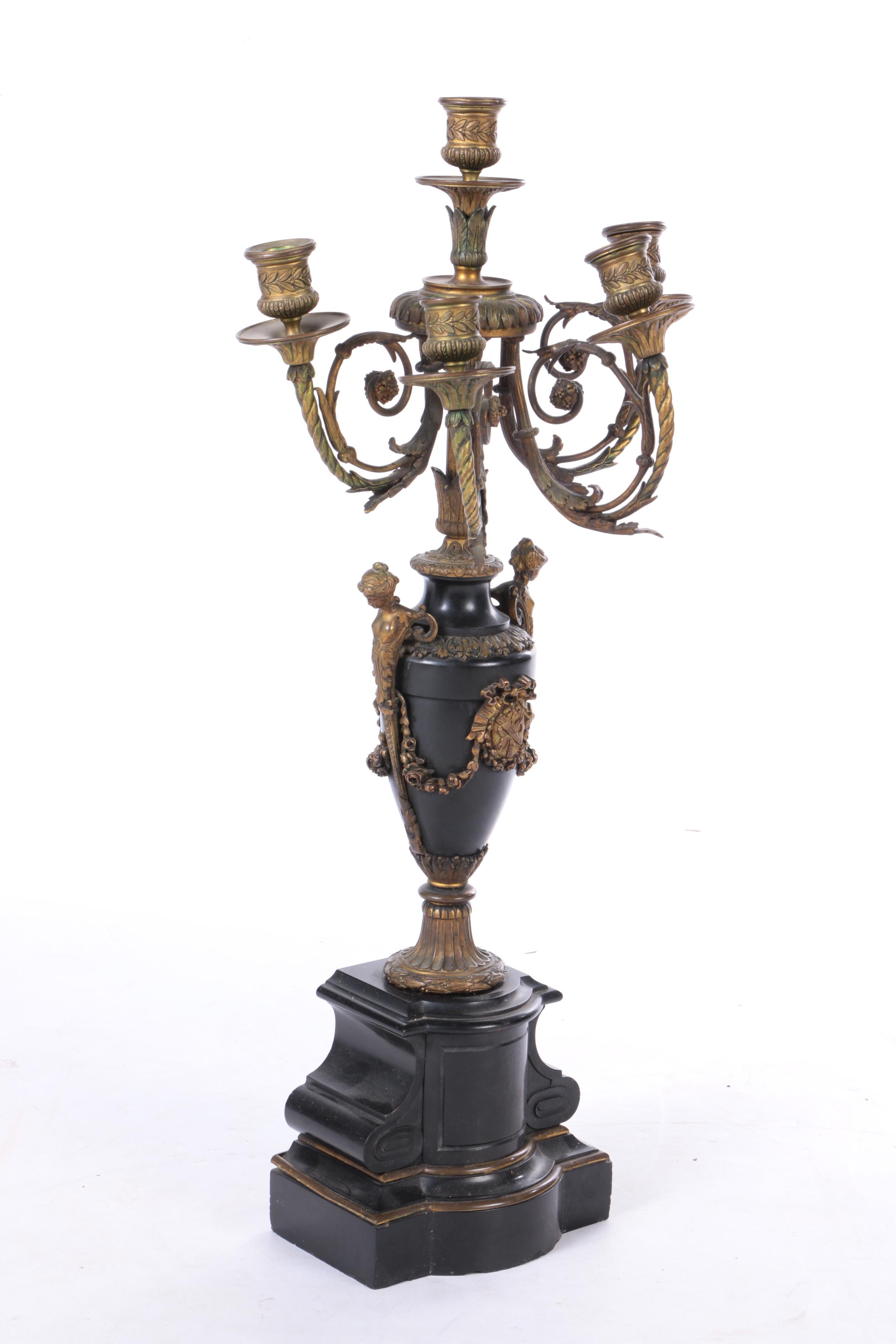 Neoclassical Brass and Stone Candelabra