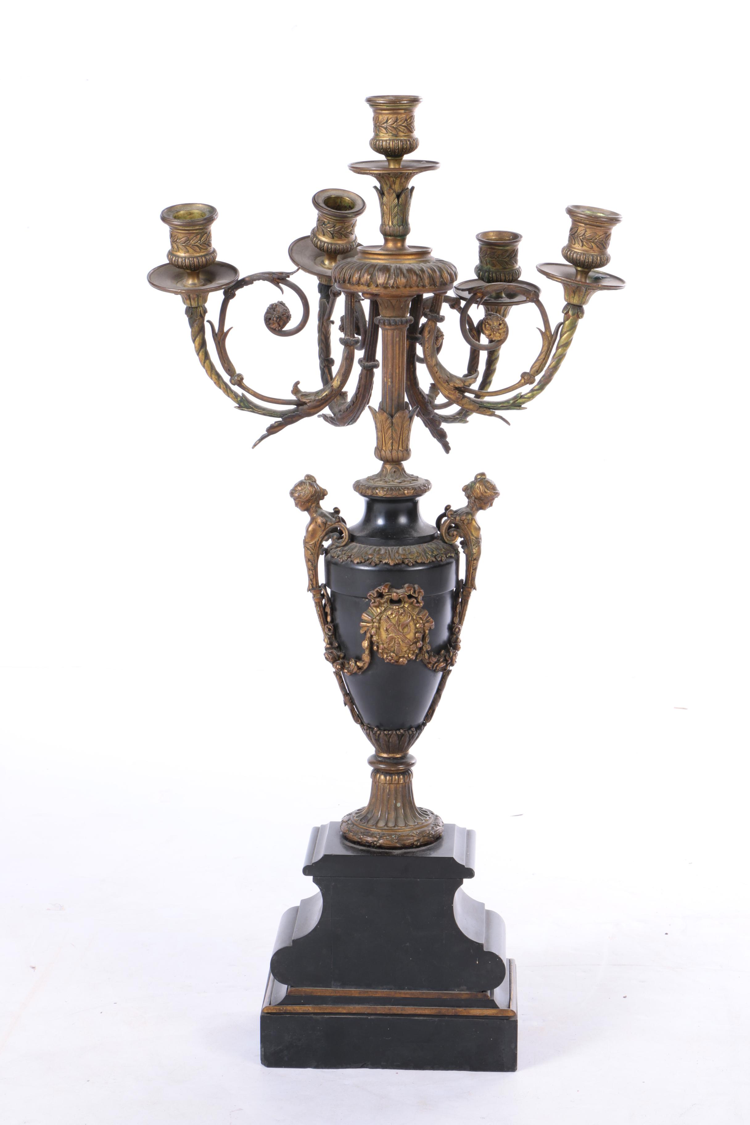 Neoclassical Brass and Stone Candelabra