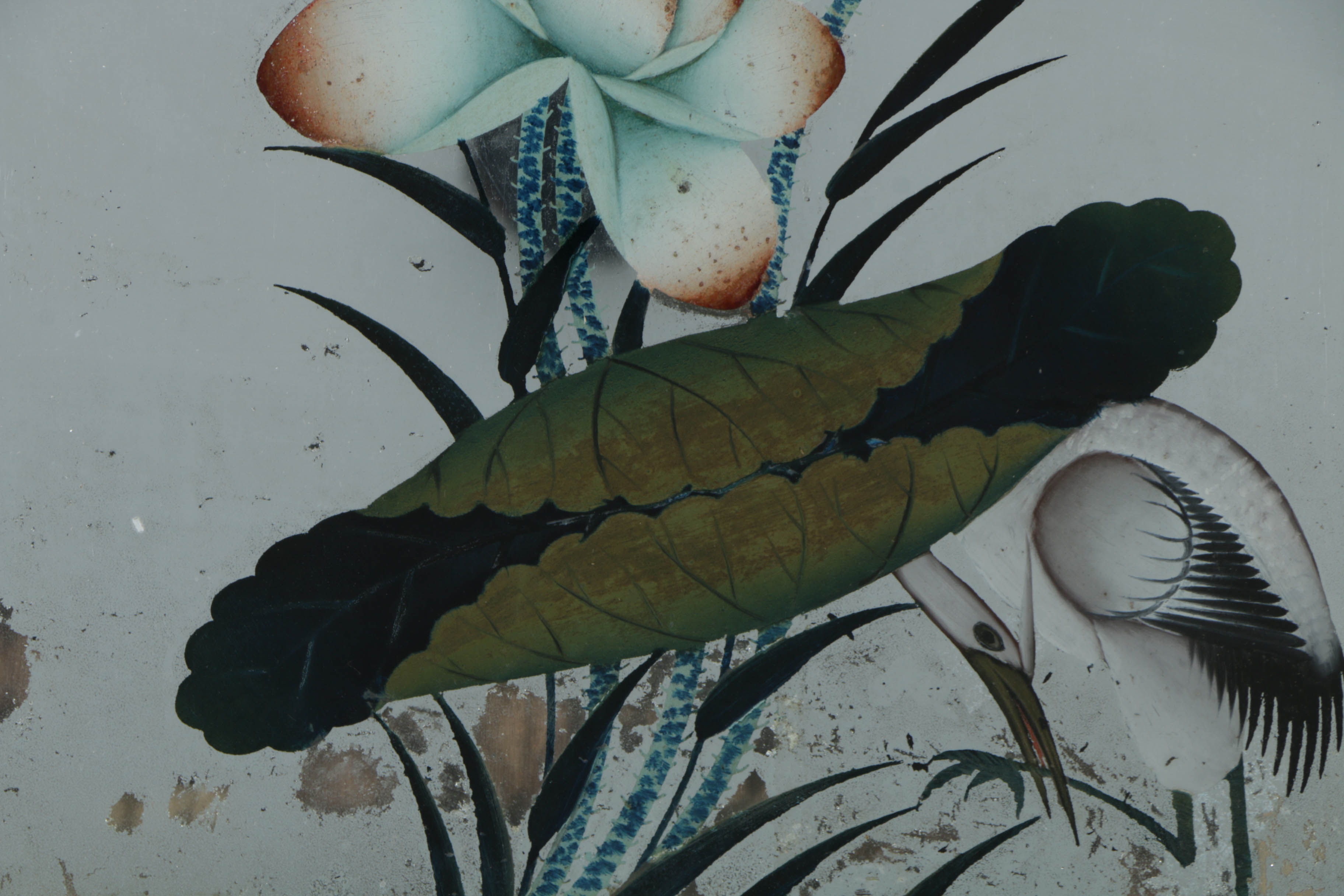 Reverse Glass Mirror Painting of Crane and Lotus Flower