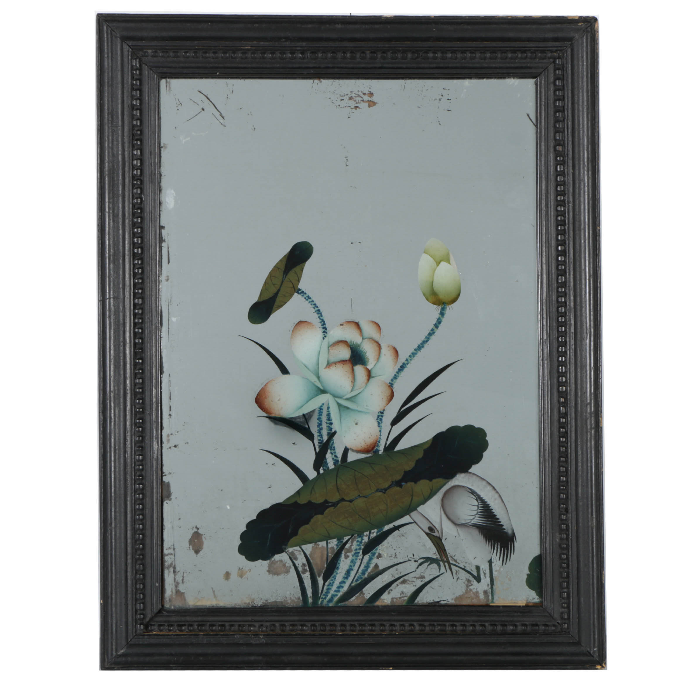 Reverse Glass Mirror Painting of Crane and Lotus Flower