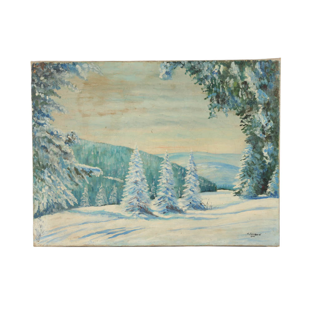 B. Bernard Oil on Canvas of Snowy Landscape