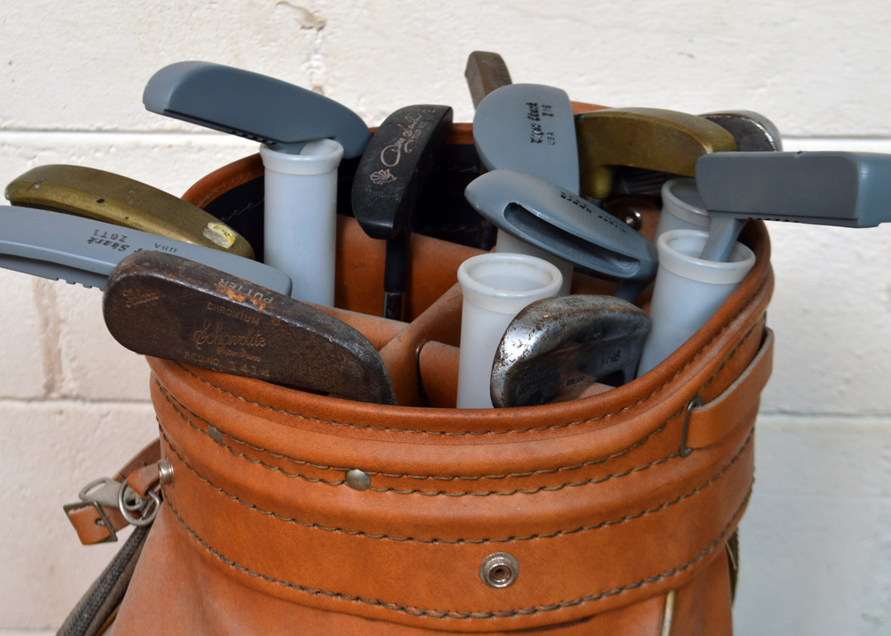 Collection of Putters in Leather Golf Bag