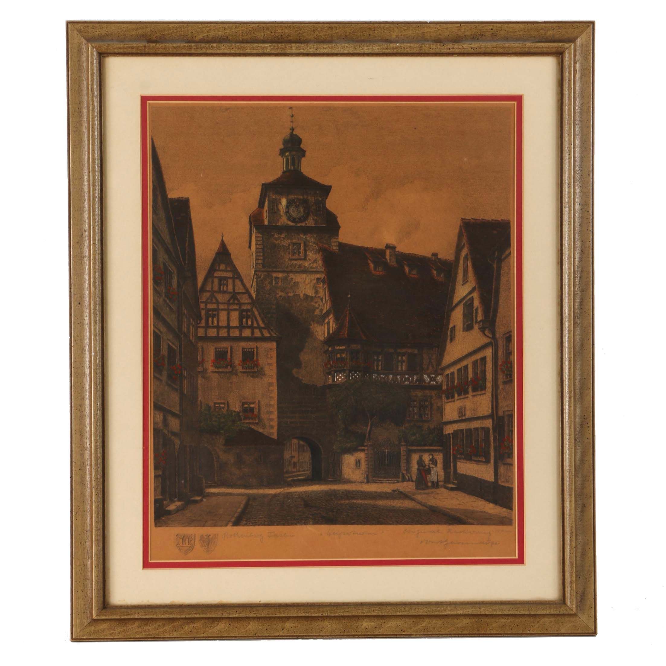 Hand Colored Etching of Rothenburg ob der Tauber "Weißerturm"