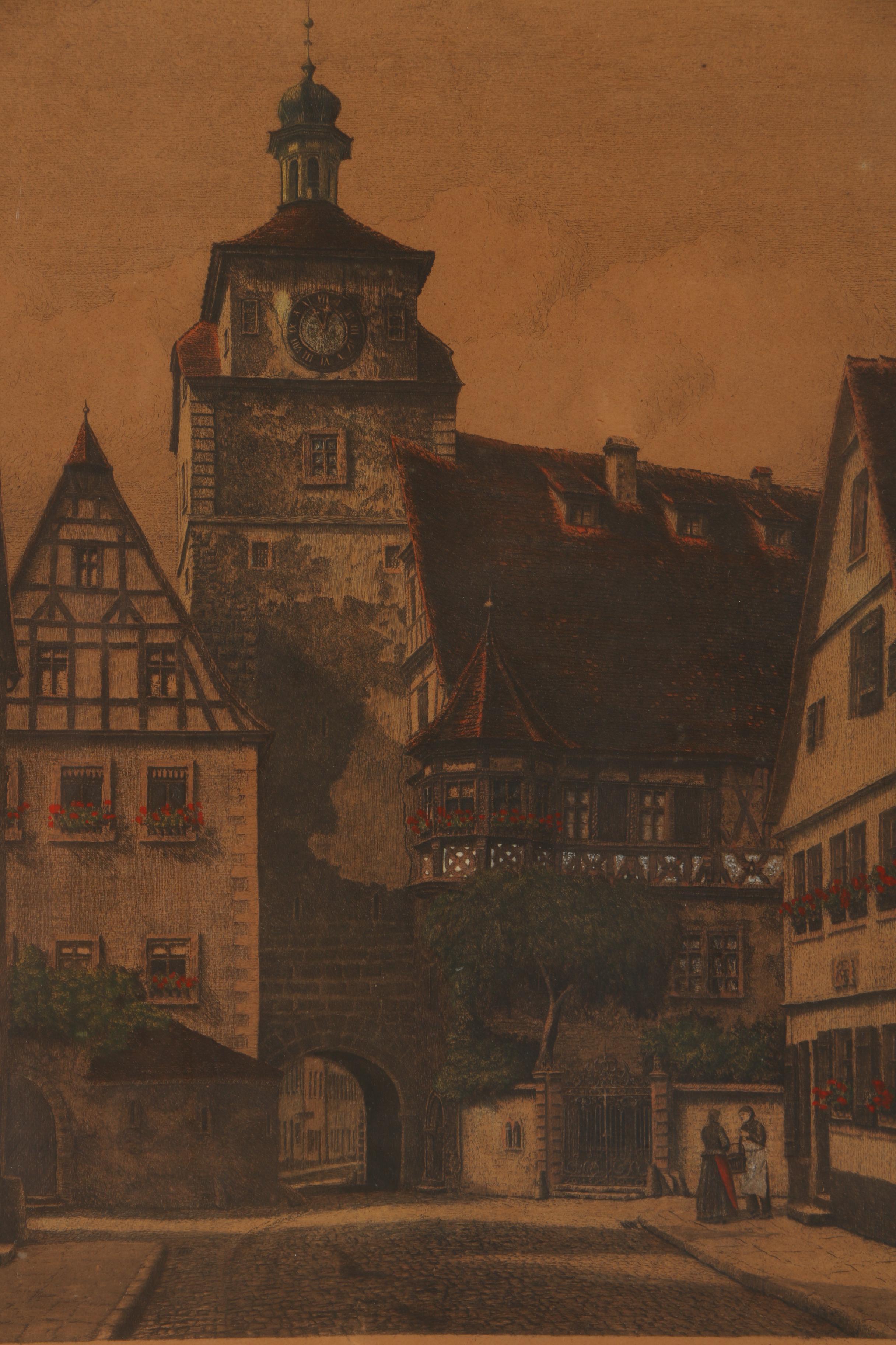 Hand Colored Etching of Rothenburg ob der Tauber "Weißerturm"