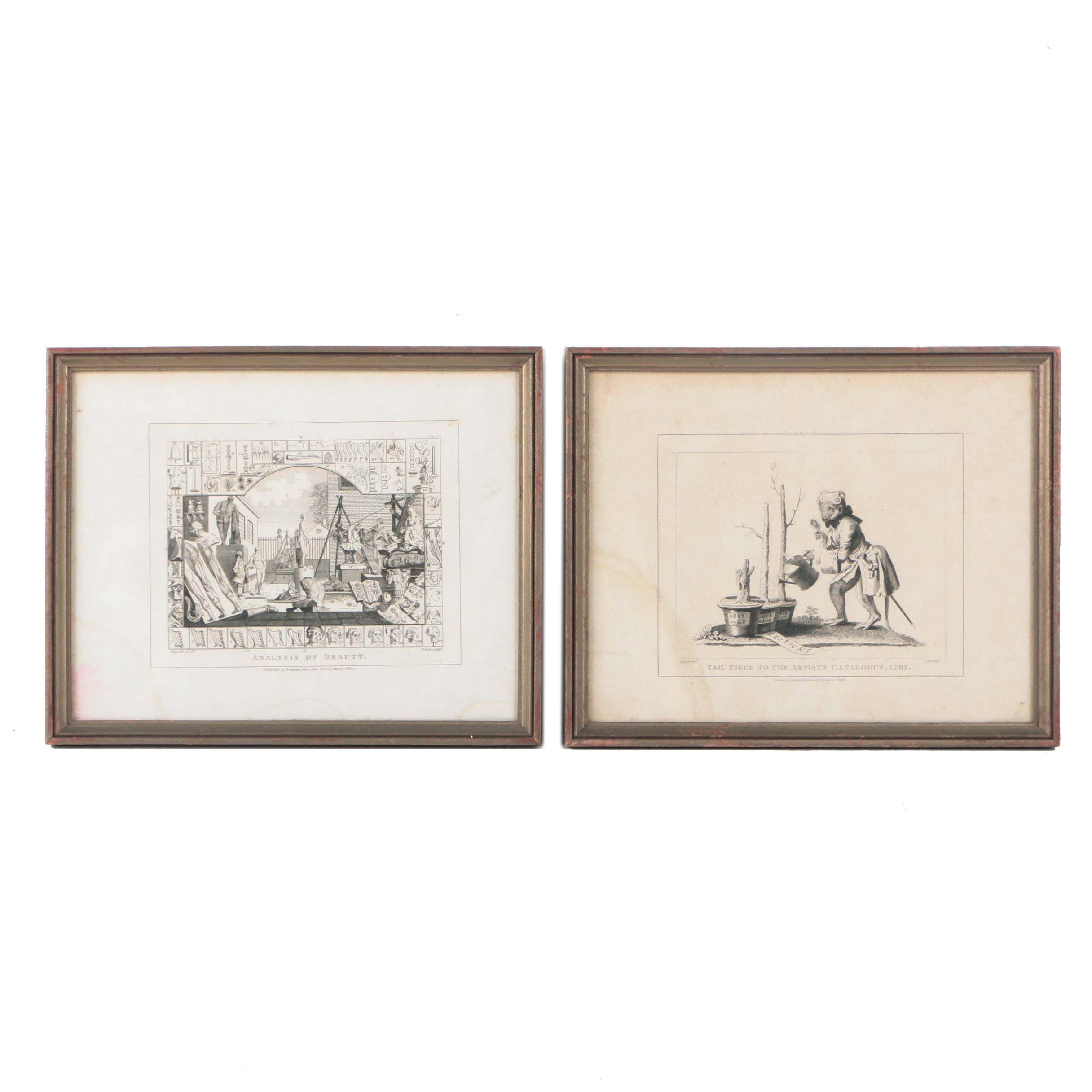 Thomas Cook Engravings on Paper After William Hogarth "Tail Piece to the Artist's Catalogue, 1761" and "Analysis of Beauty"