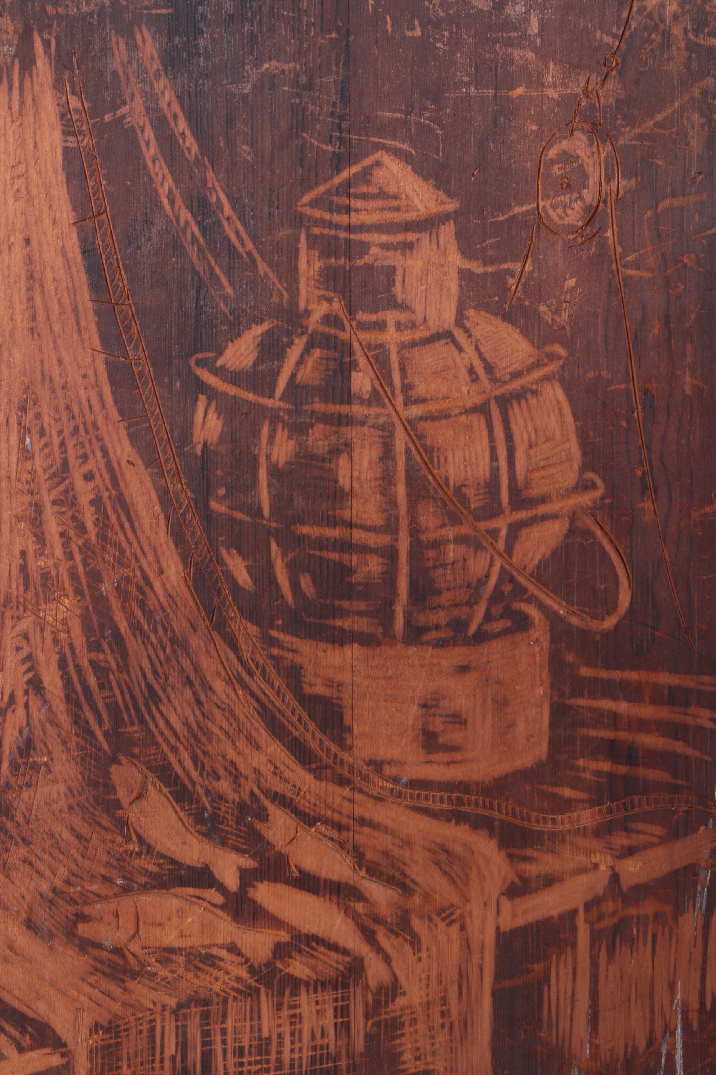 Stained Wood Carving Still Life of Fish and Lantern