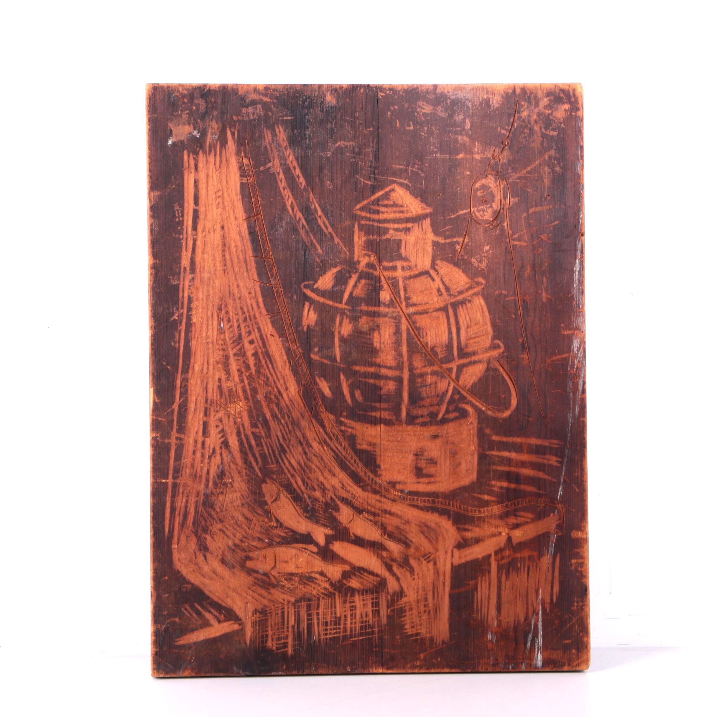 Stained Wood Carving Still Life of Fish and Lantern