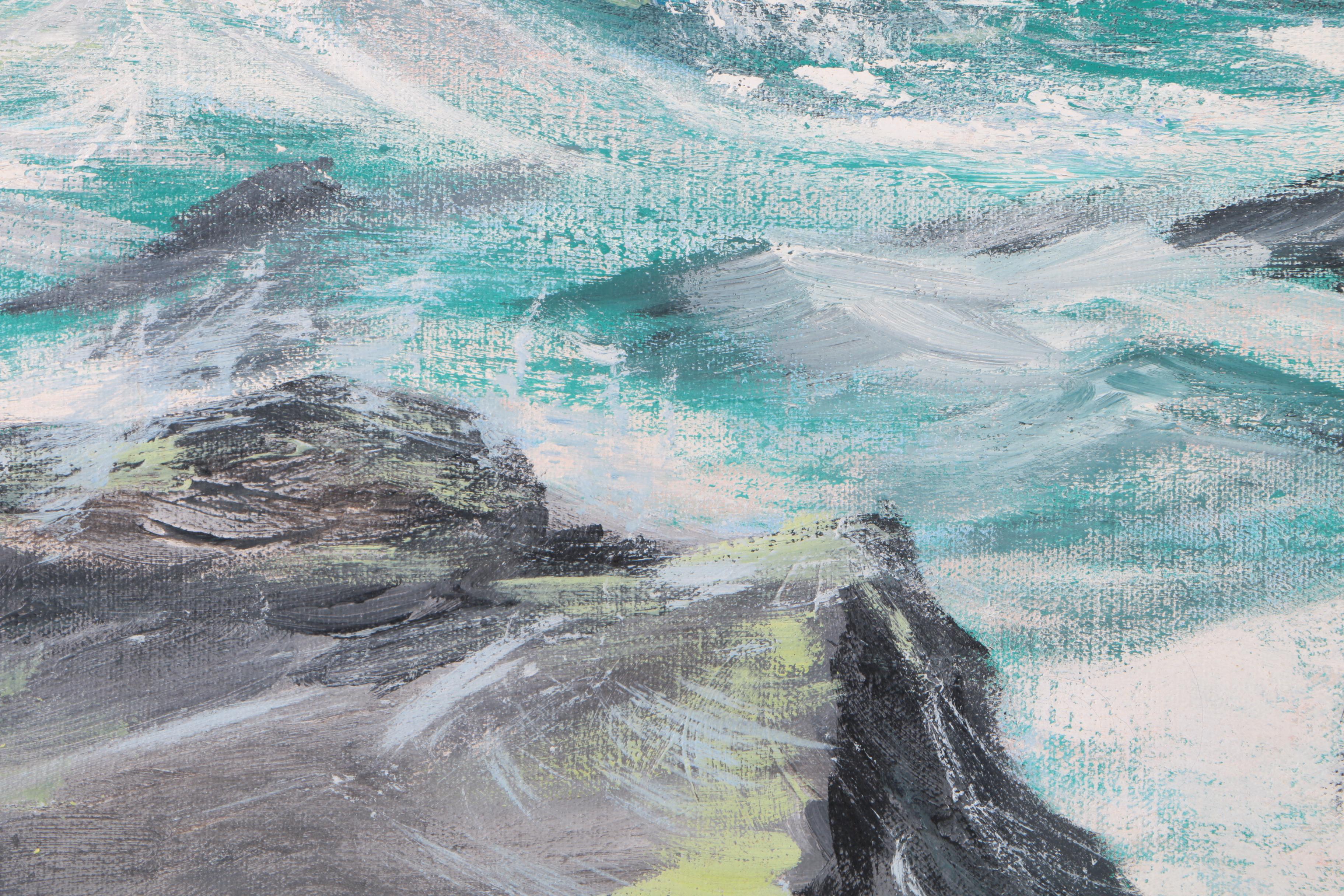 Emerson 1973 Oil Painting on Canvas of Waves Crashing Against a Rocky Shoreline