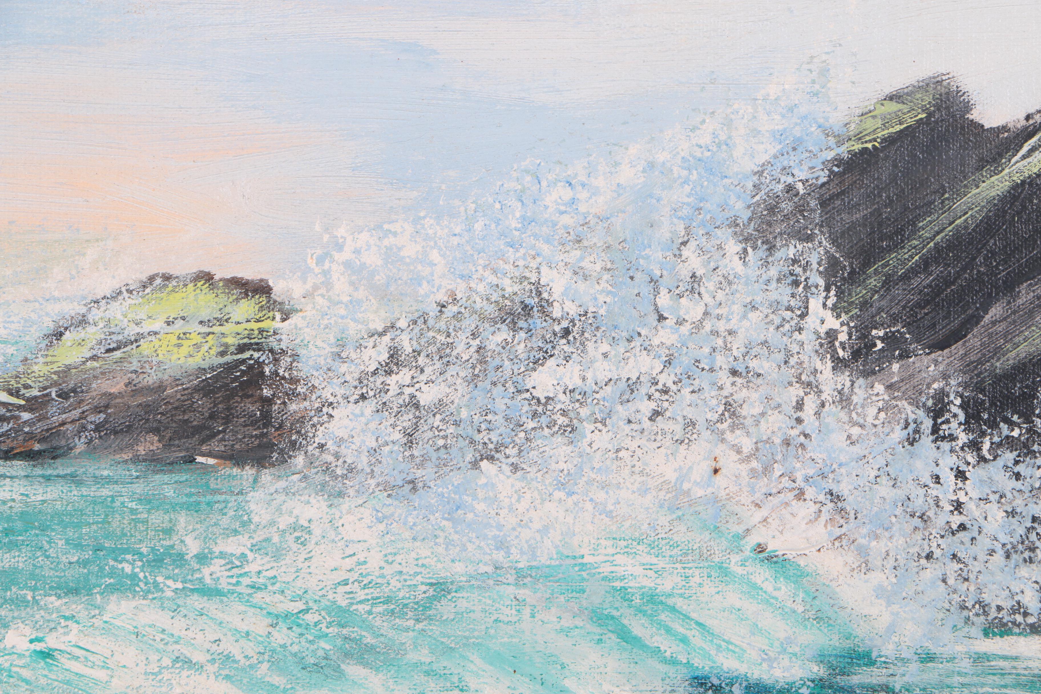 Emerson 1973 Oil Painting on Canvas of Waves Crashing Against a Rocky Shoreline