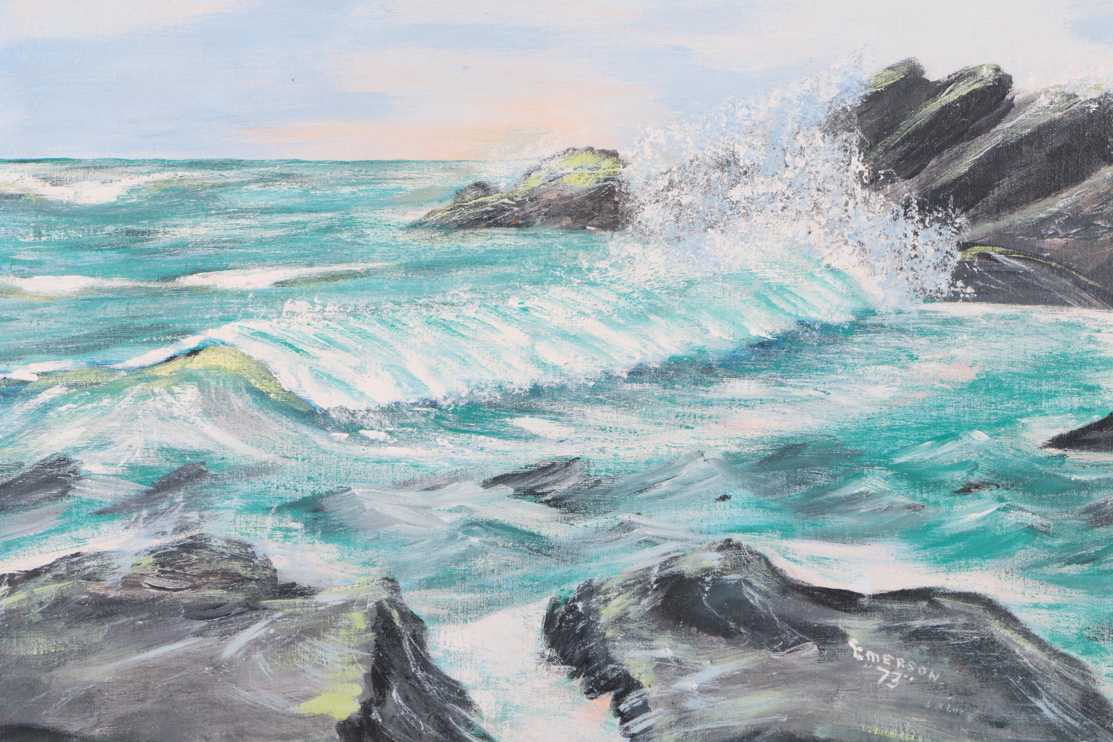 Emerson 1973 Oil Painting on Canvas of Waves Crashing Against a Rocky Shoreline