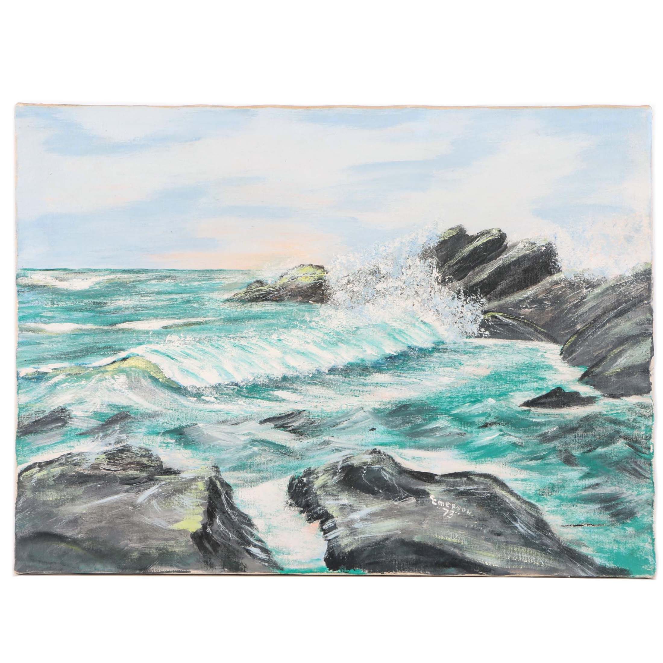 Emerson 1973 Oil Painting on Canvas of Waves Crashing Against a Rocky Shoreline