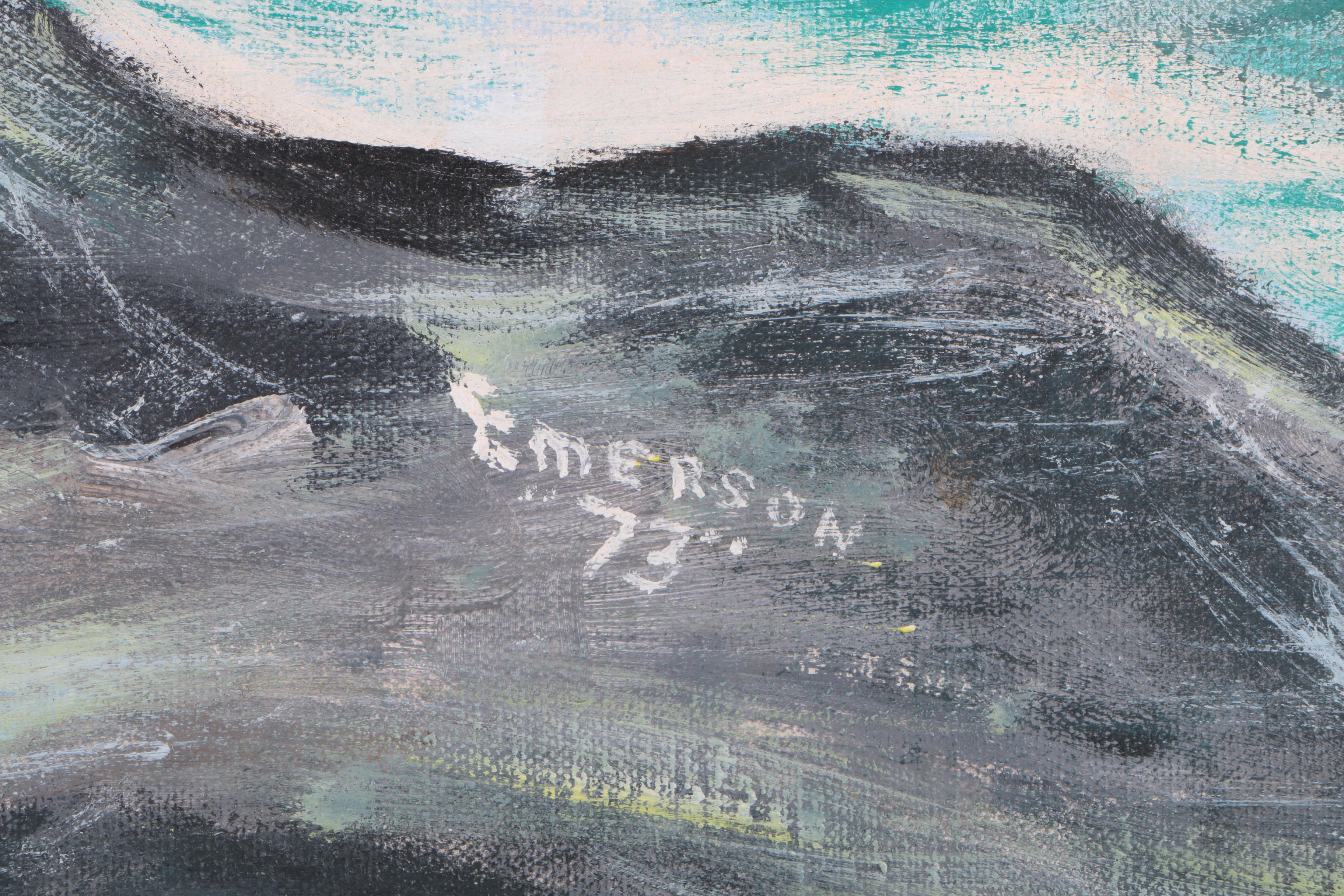 Emerson 1973 Oil Painting on Canvas of Waves Crashing Against a Rocky Shoreline