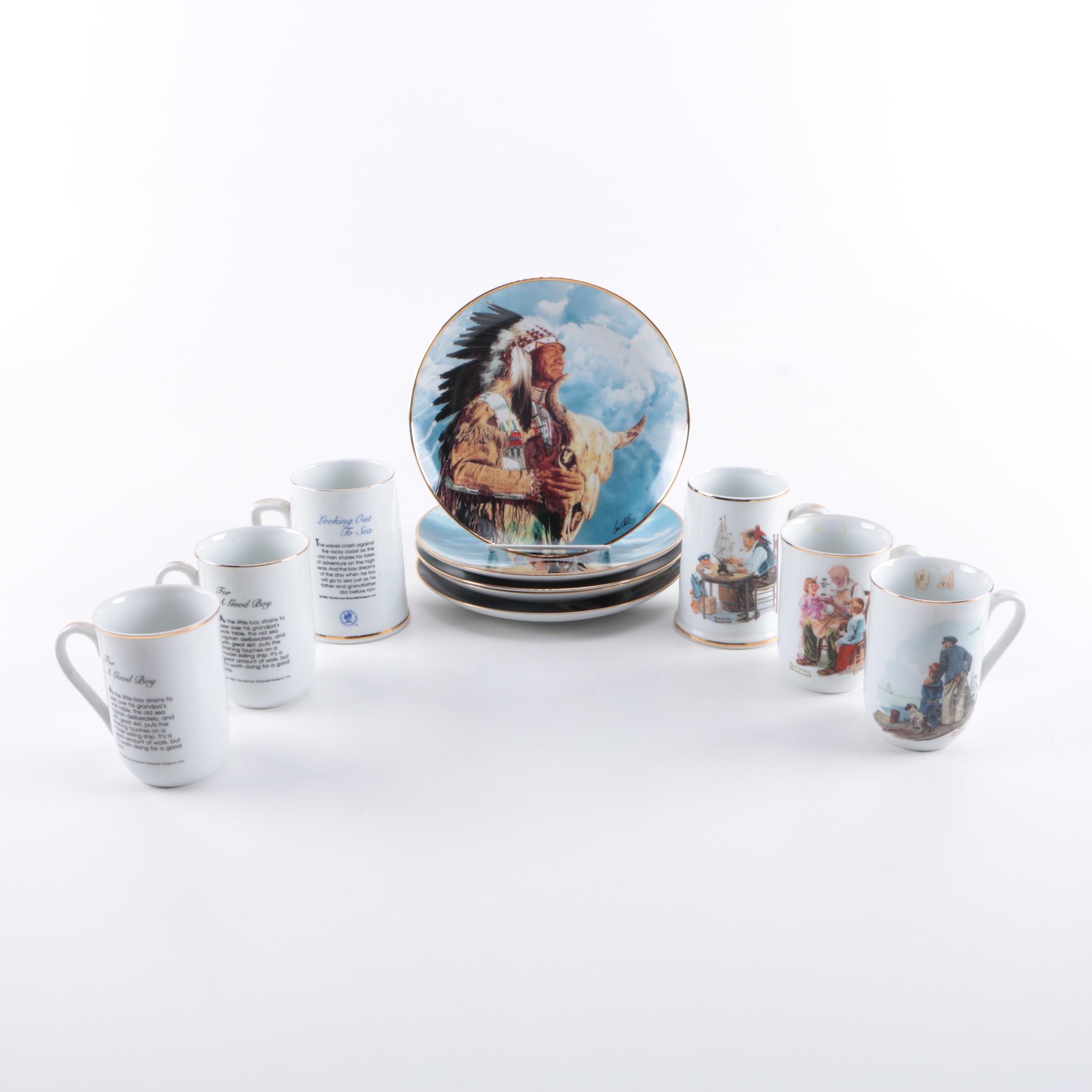 Assorted Collectible Plates and Mugs Featuring Norman Rockwell