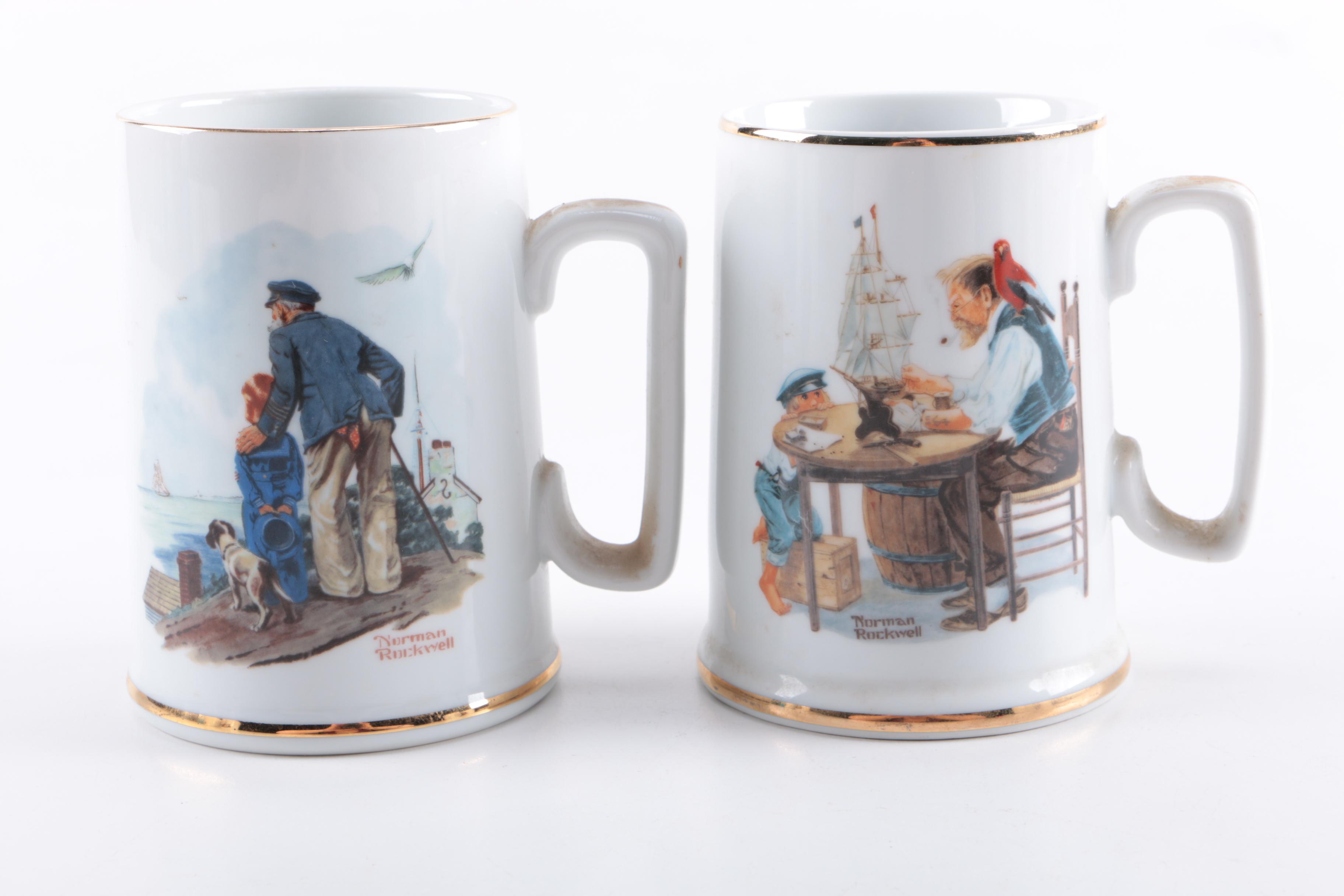 Assorted Collectible Plates and Mugs Featuring Norman Rockwell