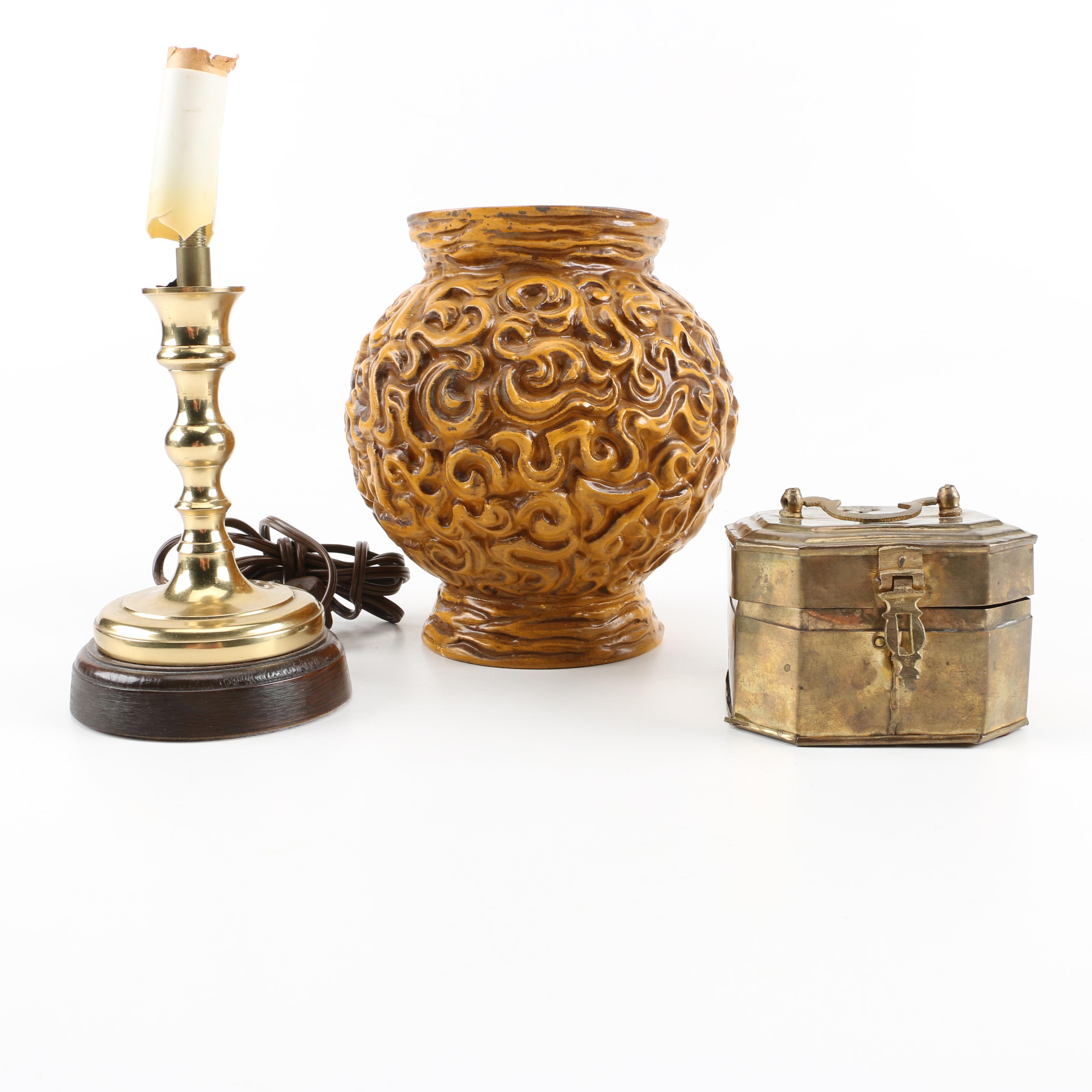 Brass Toned Decor including Haegar Pottery Vase