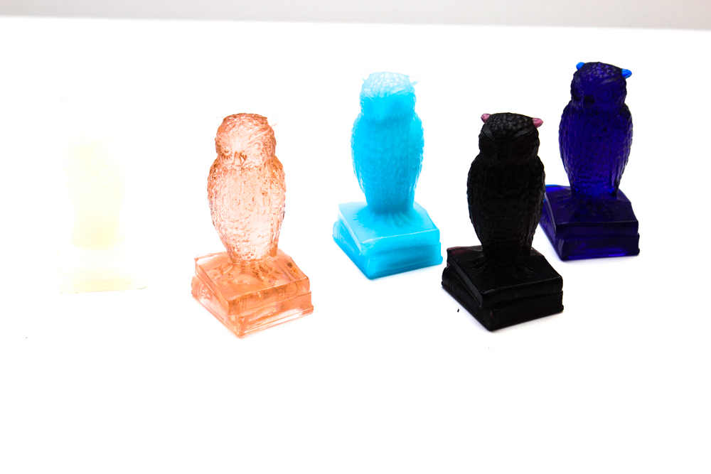 1970s Degenhart Glass Owls in Assorted Colors